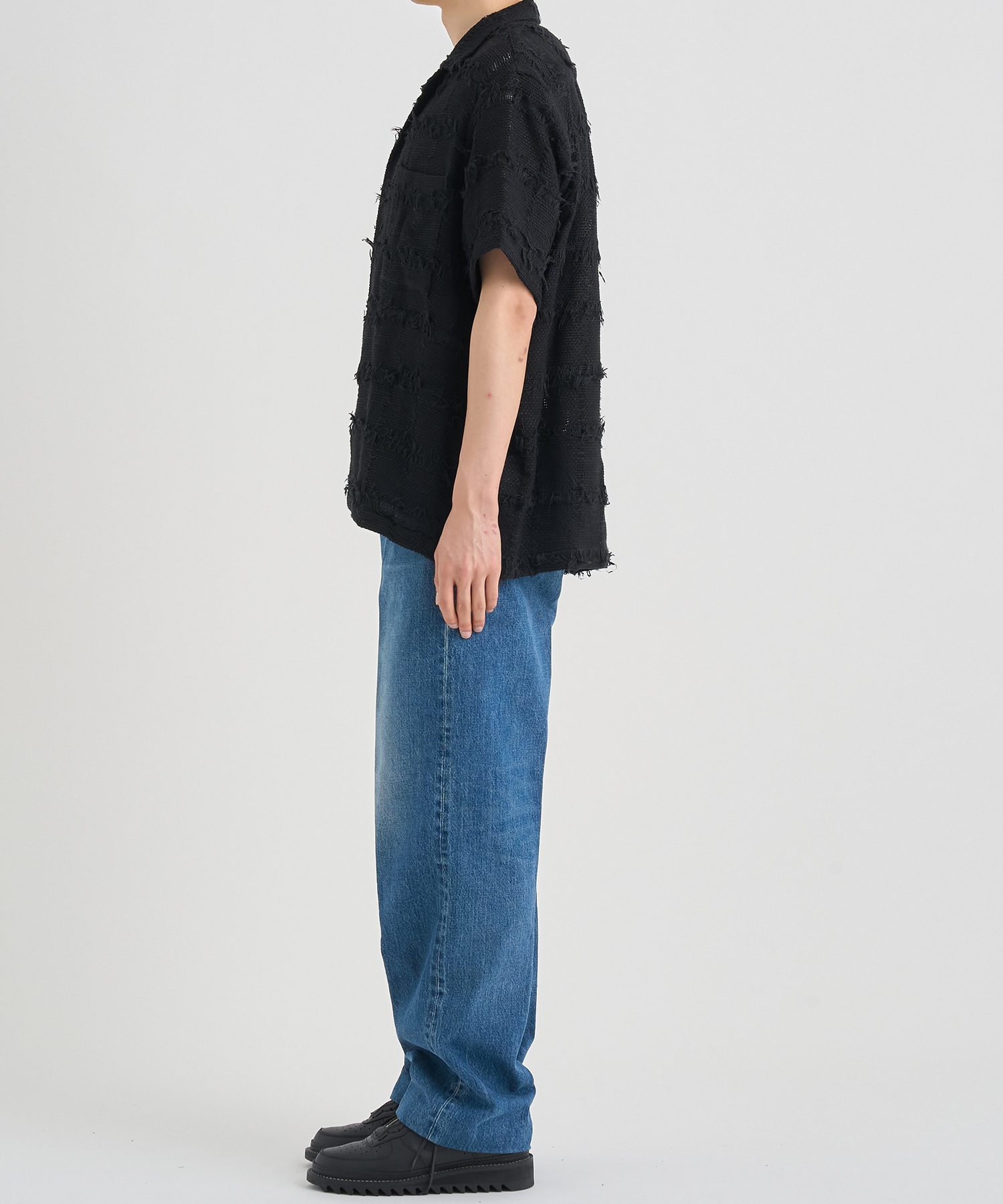 FRINGE CHECK TWEED OPEN COLLAR SHIRT YOKE