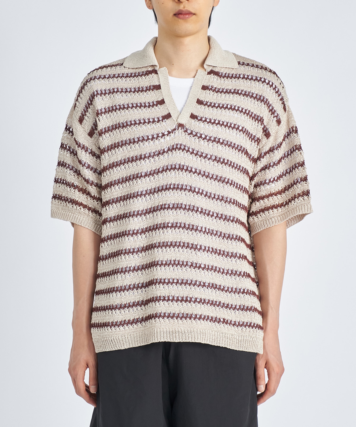 BORDER MESH KNIT SKIPPER POLO SHIRT YOKE