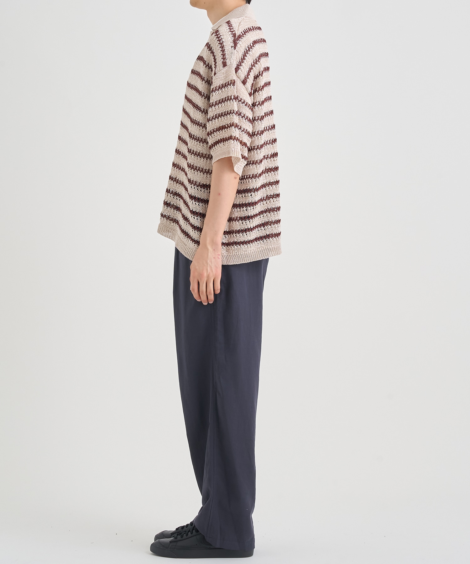 BORDER MESH KNIT SKIPPER POLO SHIRT YOKE