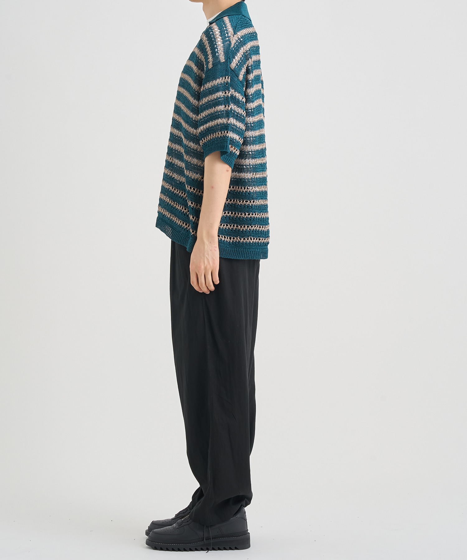 BORDER MESH KNIT SKIPPER POLO SHIRT YOKE