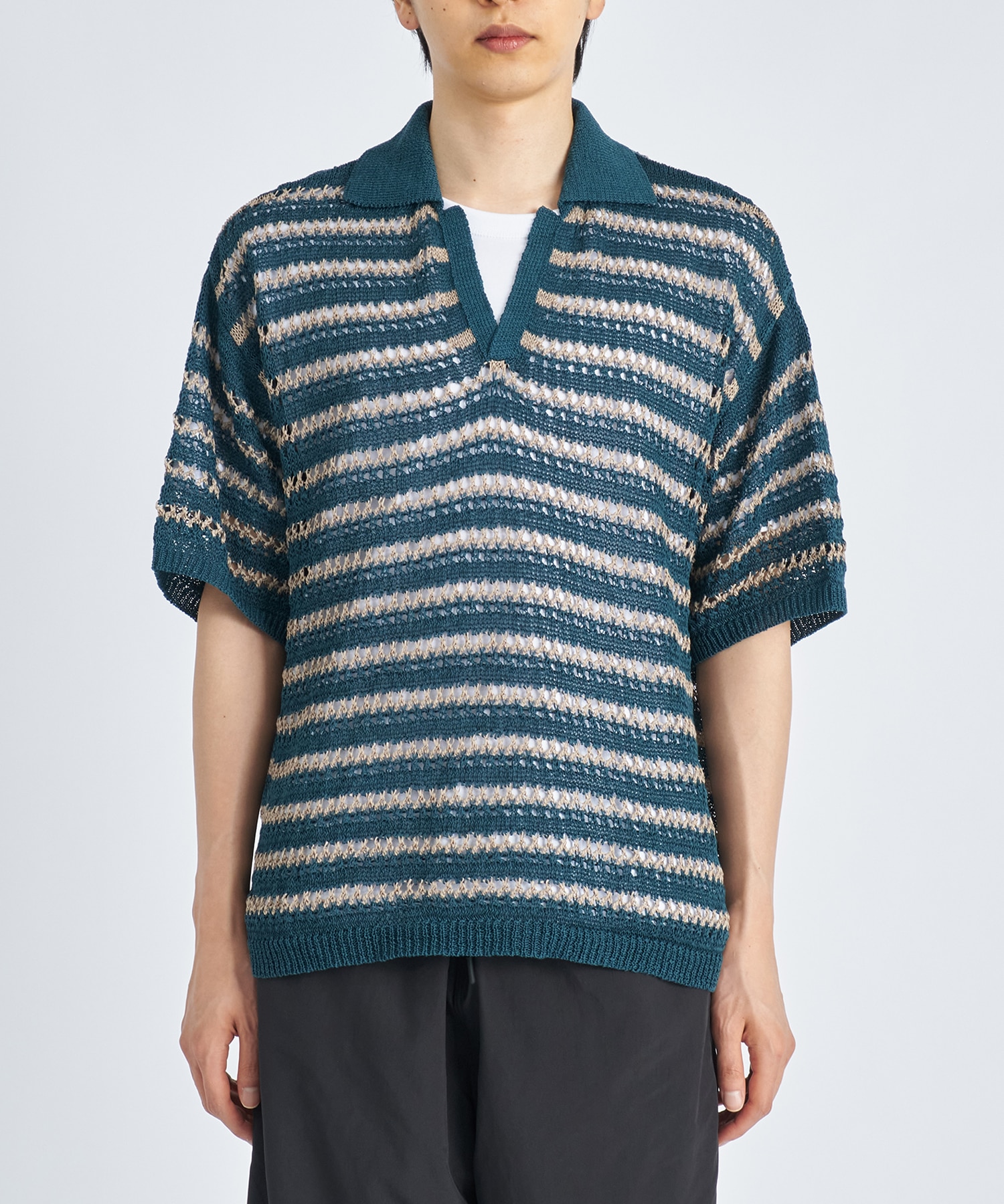 BORDER MESH KNIT SKIPPER POLO SHIRT YOKE