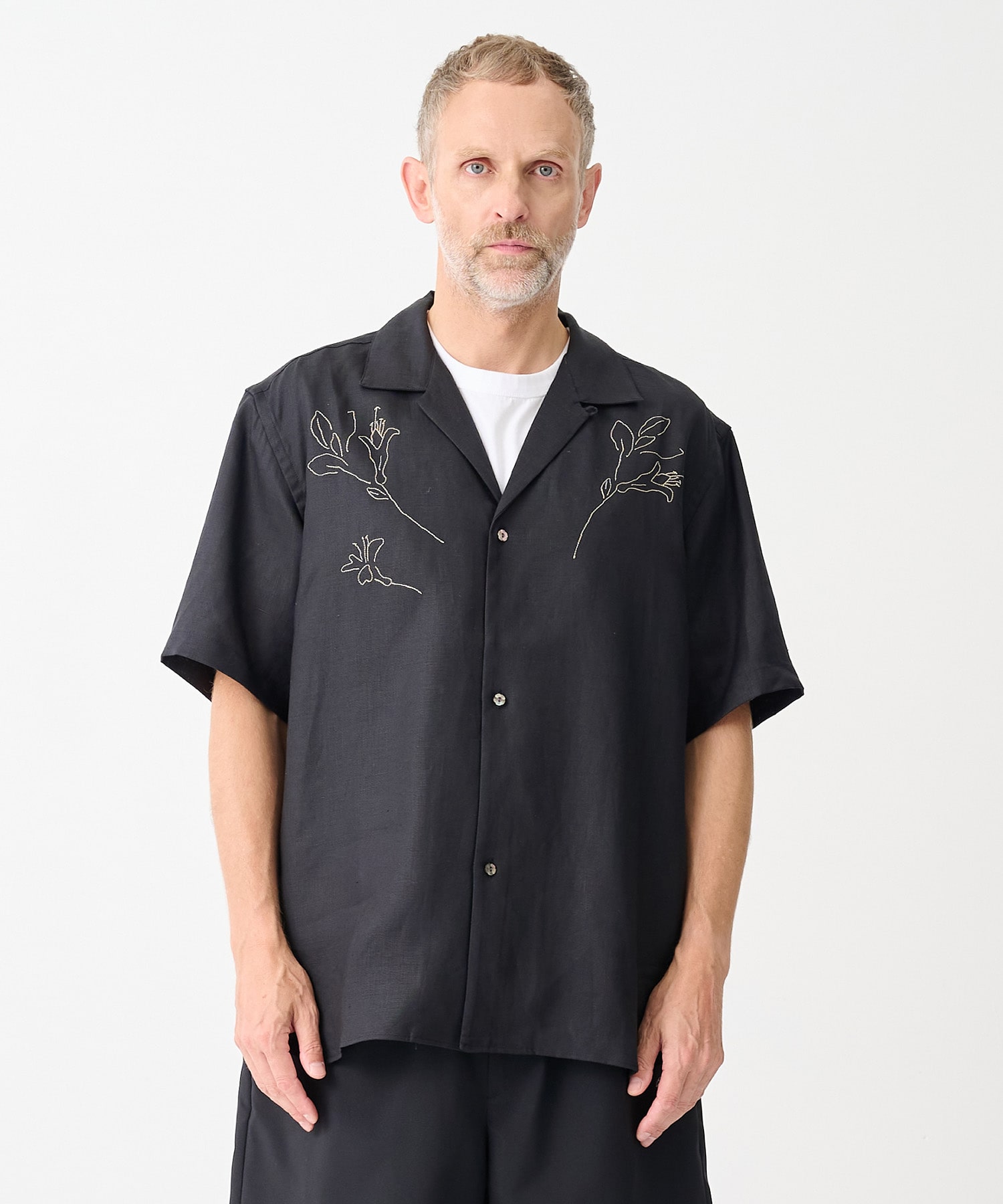 別注THE SS SHIRT BLACK LINEN EMBROIDERY TANAKA