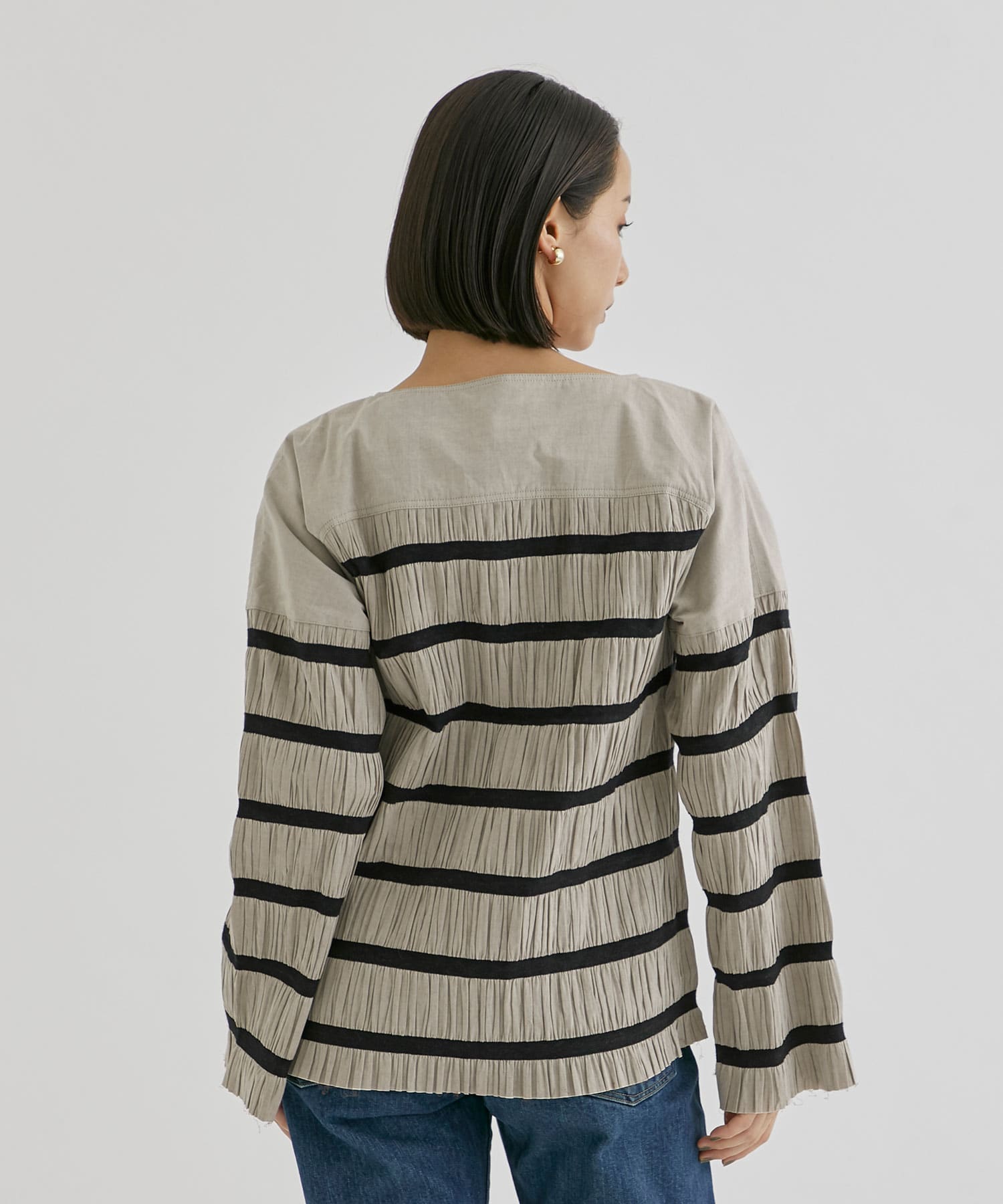 Shirring striped tops pelleq