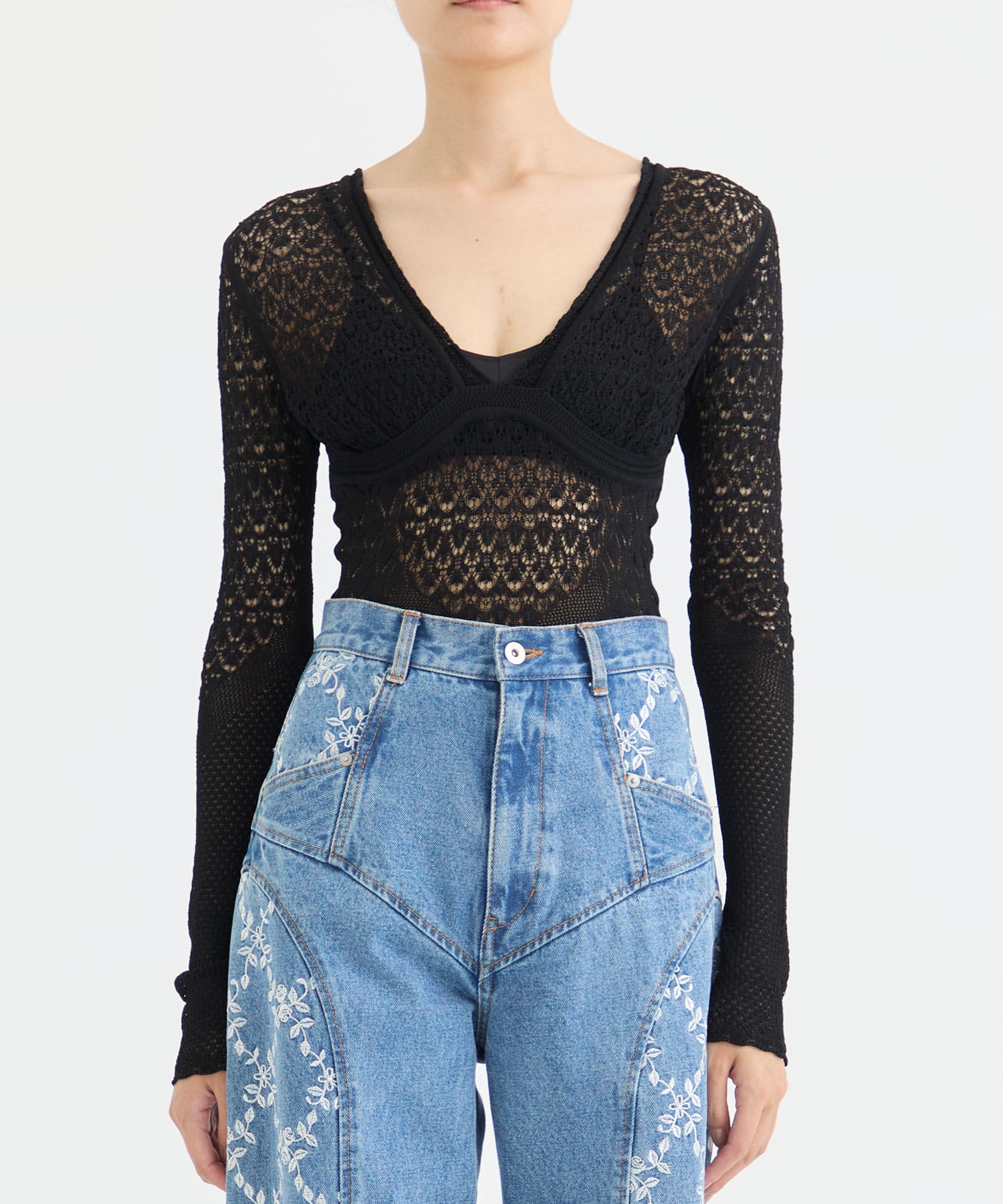 LACE KNIT V-NECK BODYSUITS FETICO