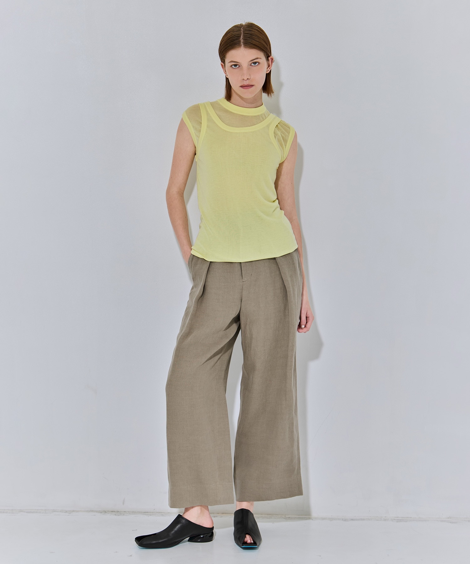 LINEN TWILL TUCKED EASY PANTS ATON