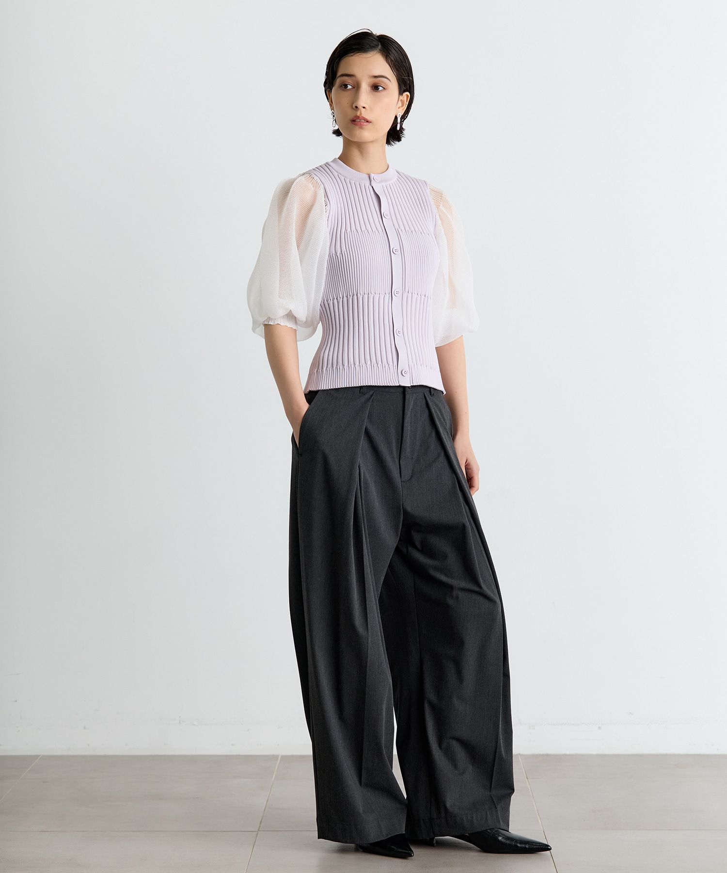 FLUTED LUCENT PUFF SLEEVE CARDIGAN CFCL
