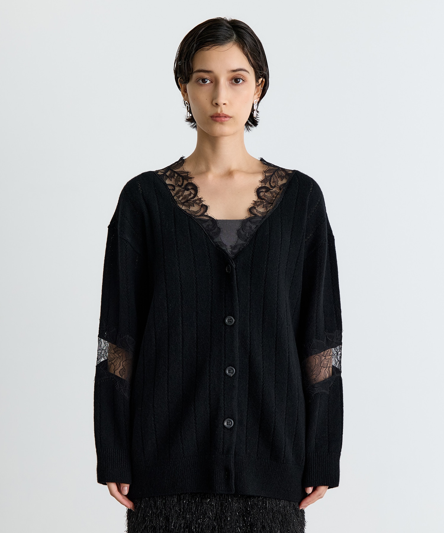 OVERSIZED HAIRY LACE PANELED KNIT CARDIGAN FETICO