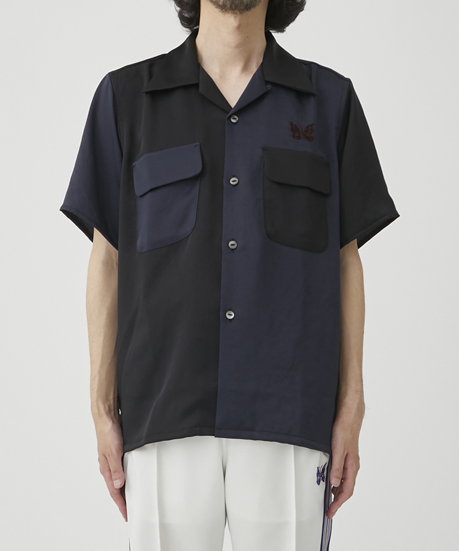 EX.S/S Classic Shirt - Poly Sateen＆Emb.(S NAVY): NEEDLES: MEN ...