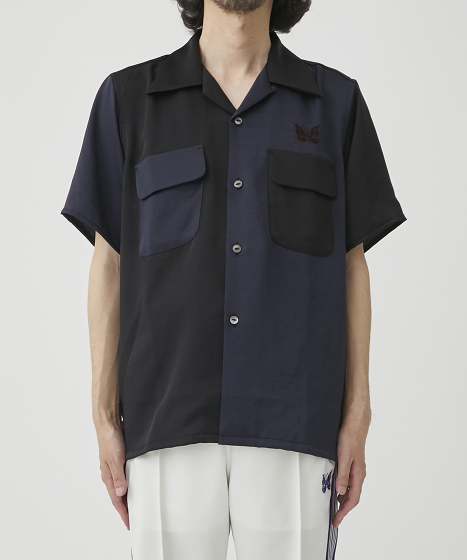 別注 S/S Classic Shirt - Poly Sateen＆Emb.(S NAVY): NEEDLES: MENS ...