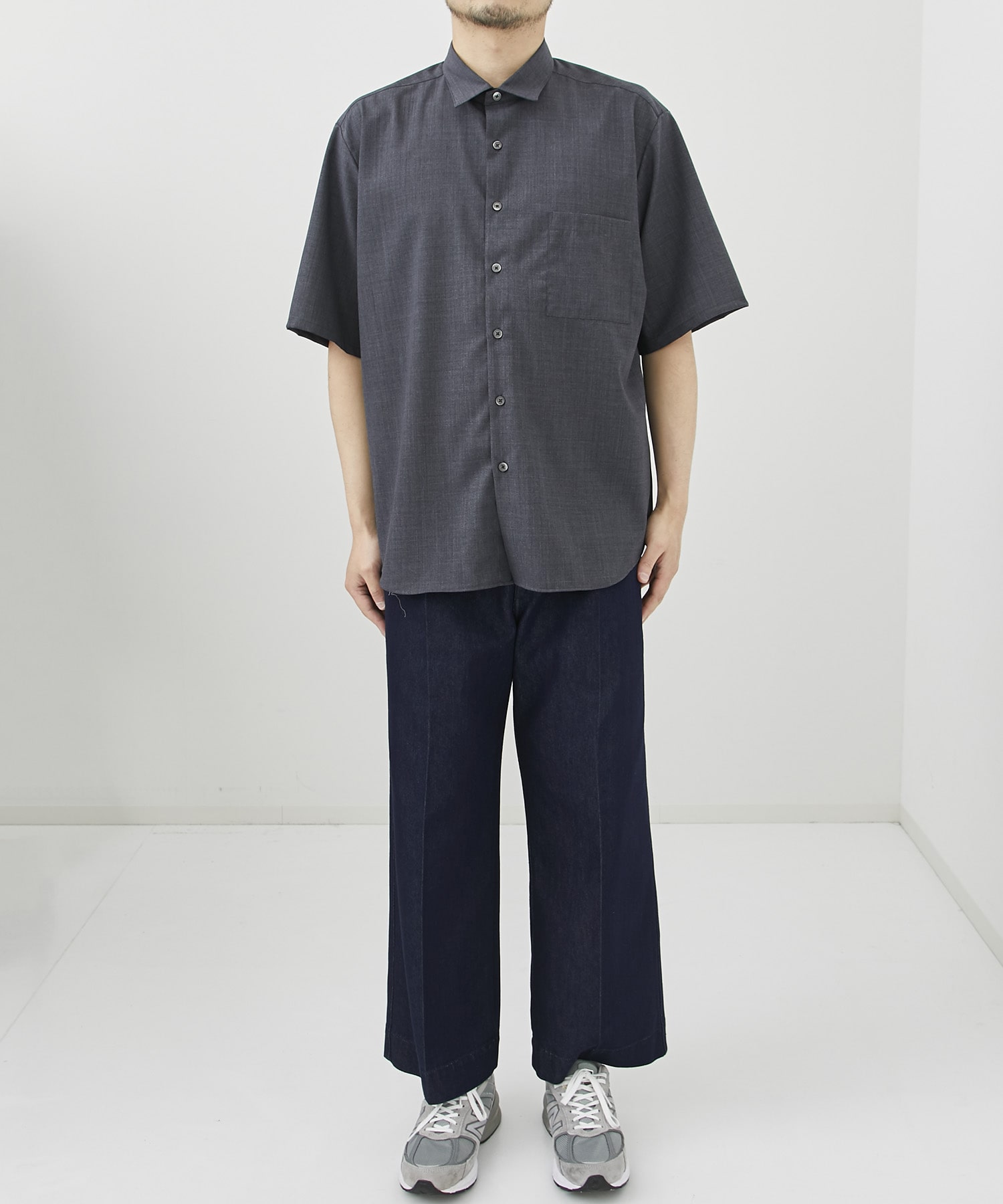 WOOL S/S REGULAR COLLAR BAGGY SHIRT(S DARK GREY): SOPHNET.: MEN