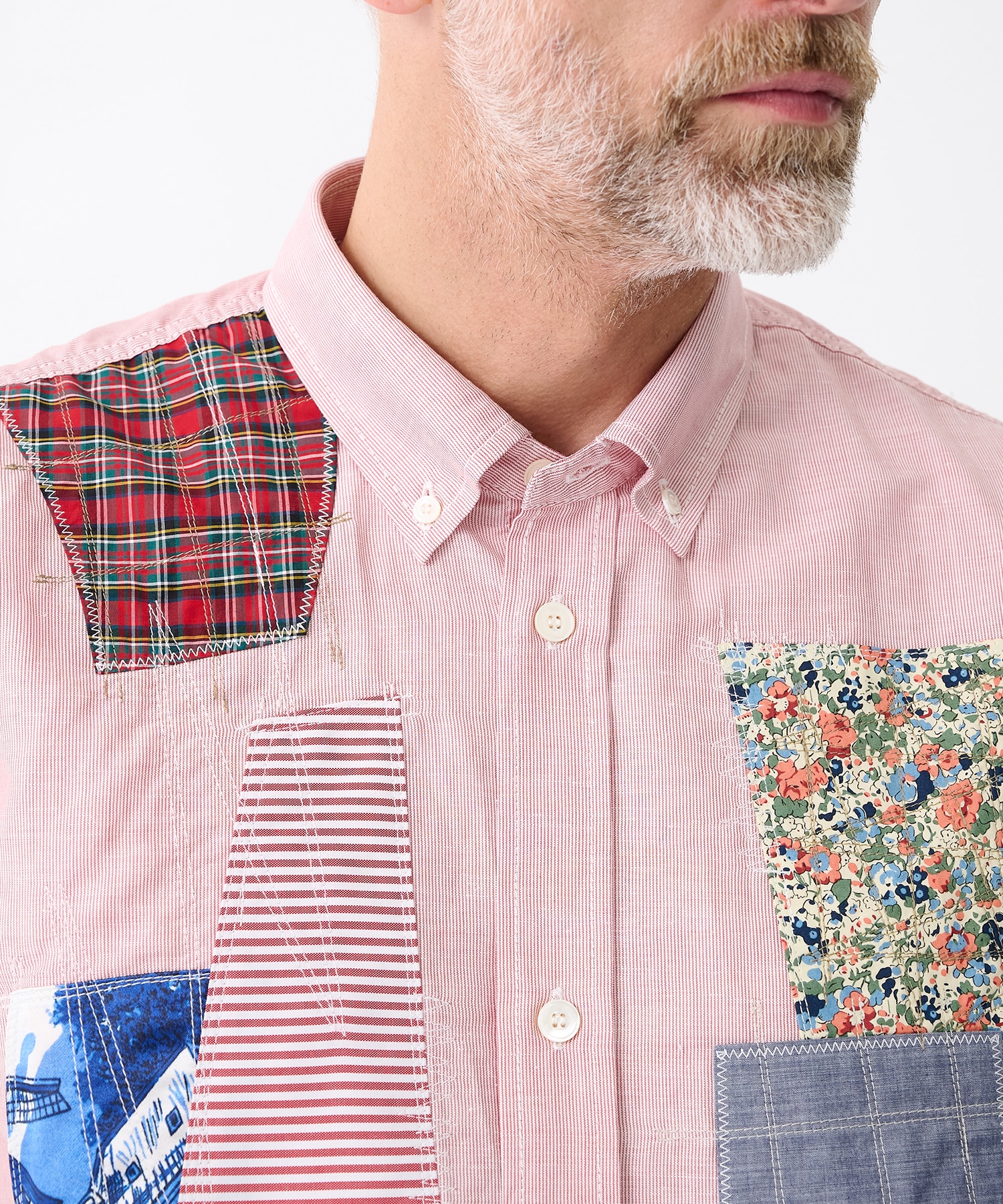 麻ストライプ×パッチワークMIX S/S SH JUNYA WATANABE MAN