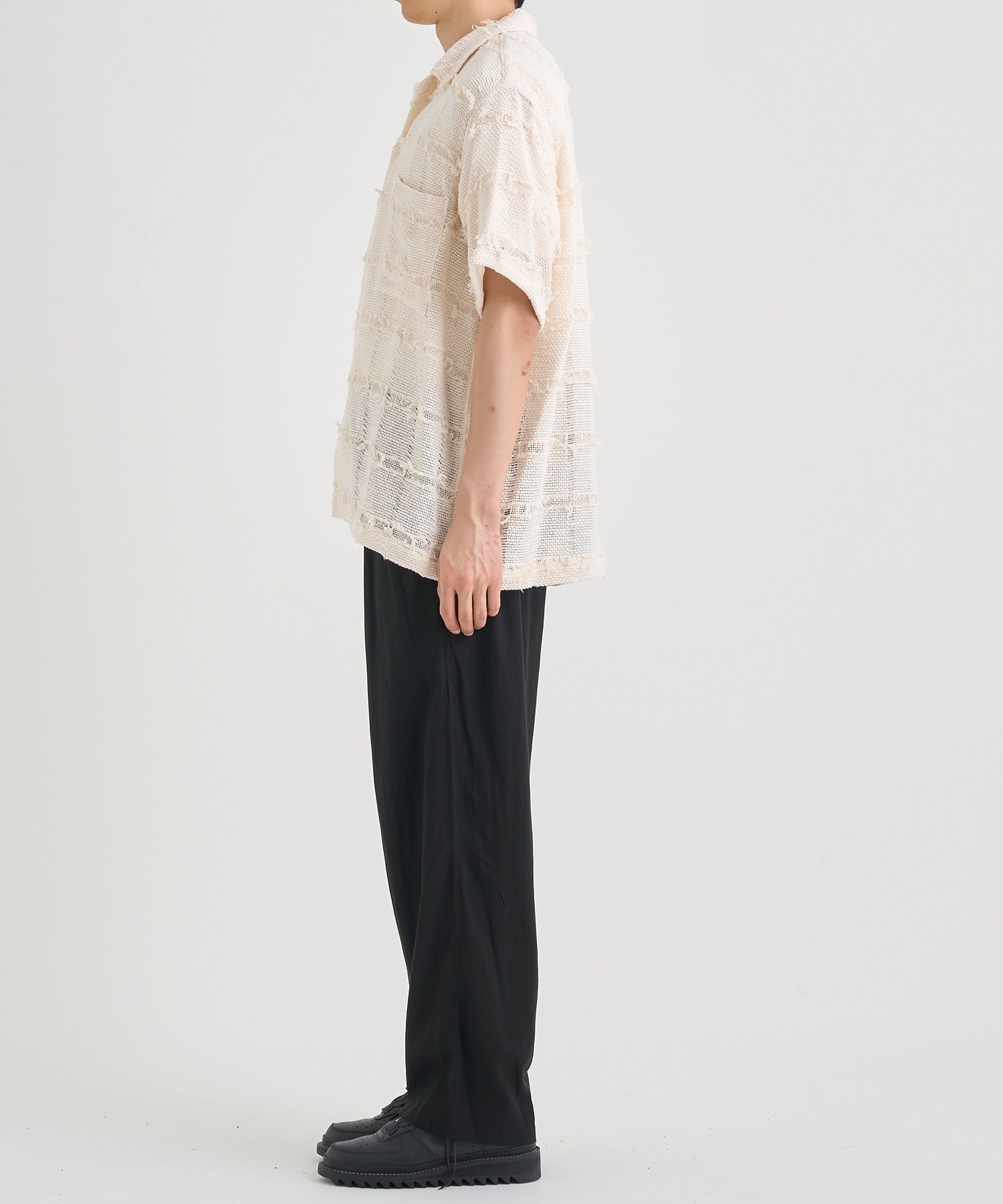 FRINGE CHECK TWEED OPEN COLLAR SHIRT YOKE