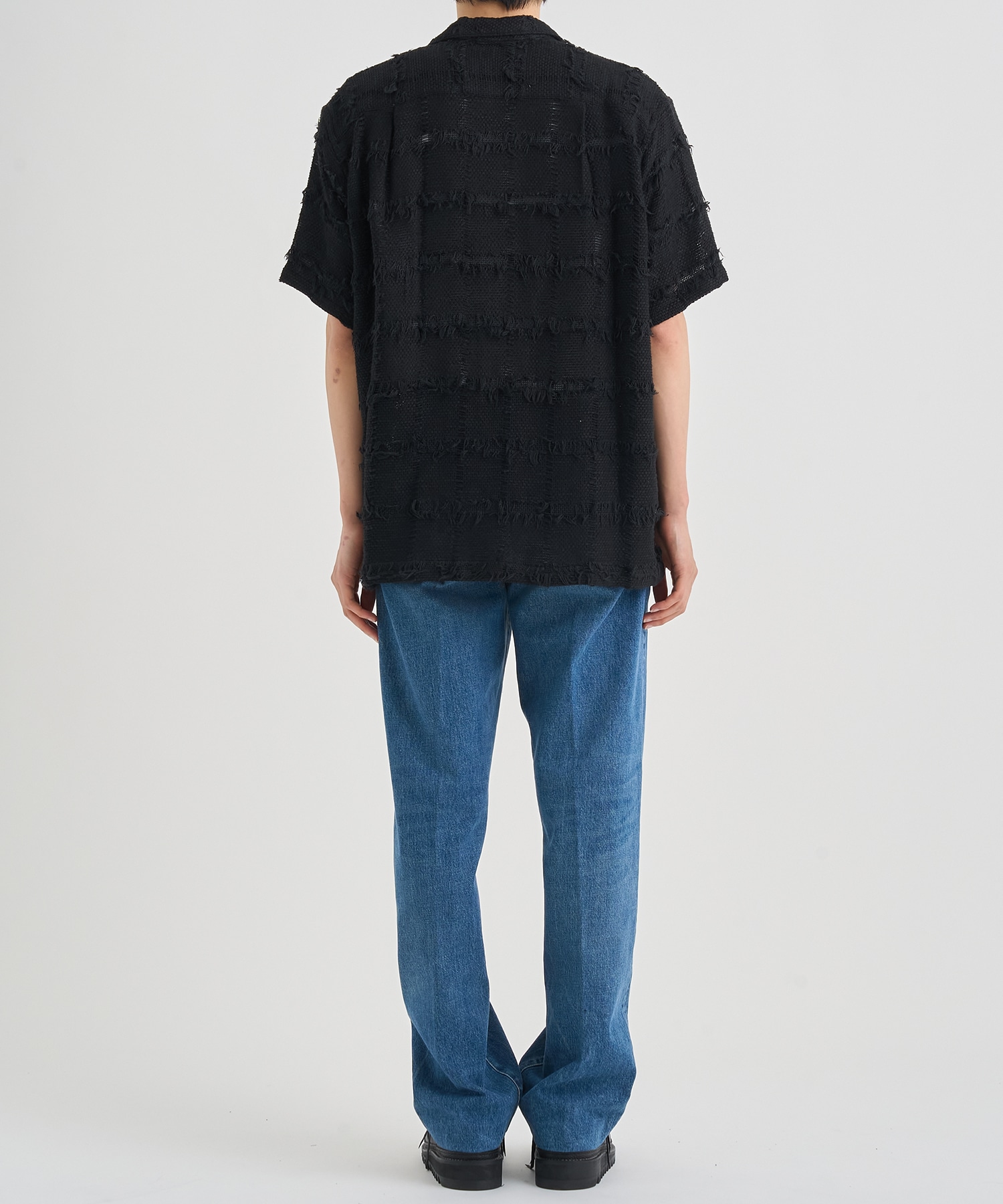 FRINGE CHECK TWEED OPEN COLLAR SHIRT YOKE