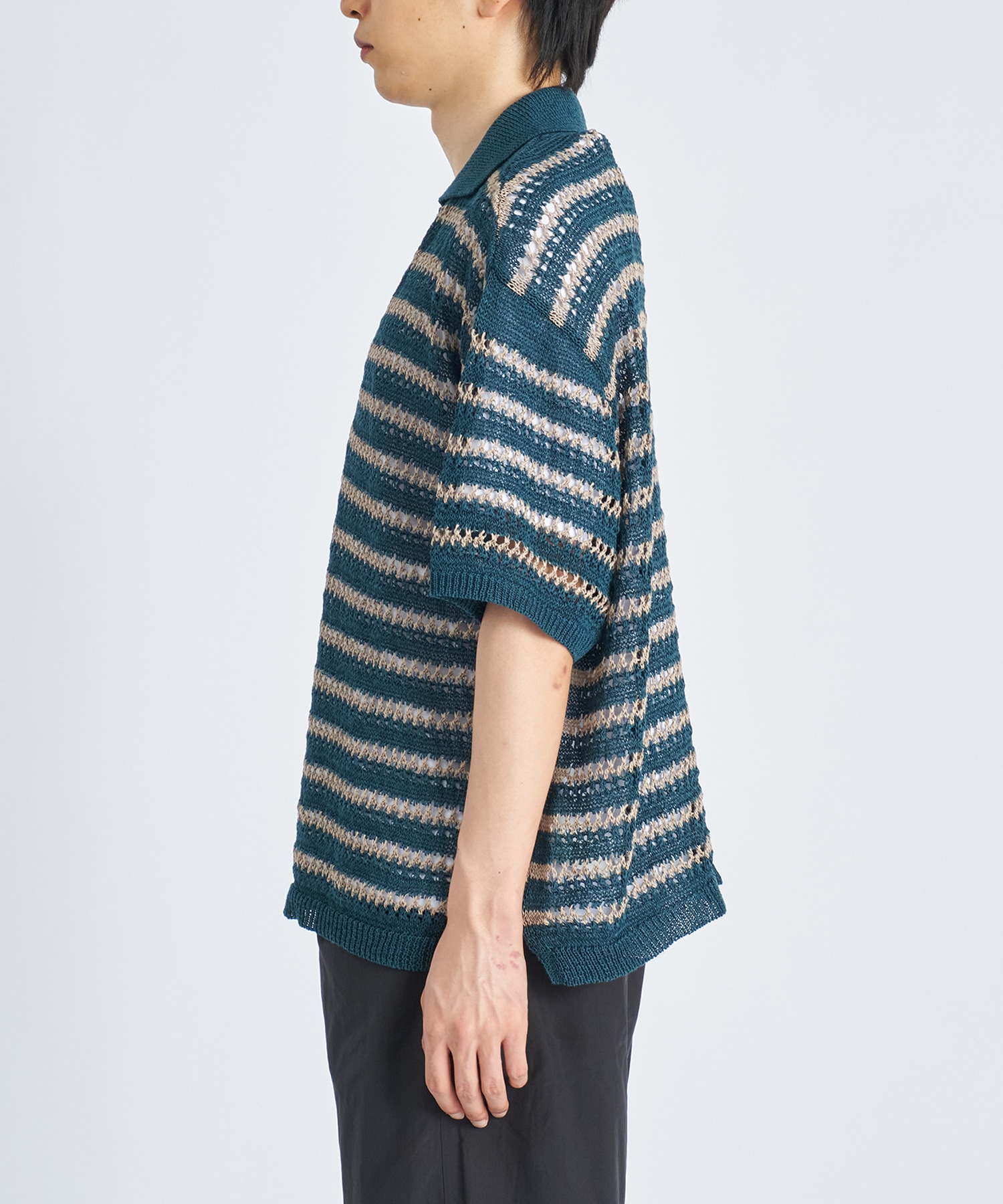 BORDER MESH KNIT SKIPPER POLO SHIRT YOKE