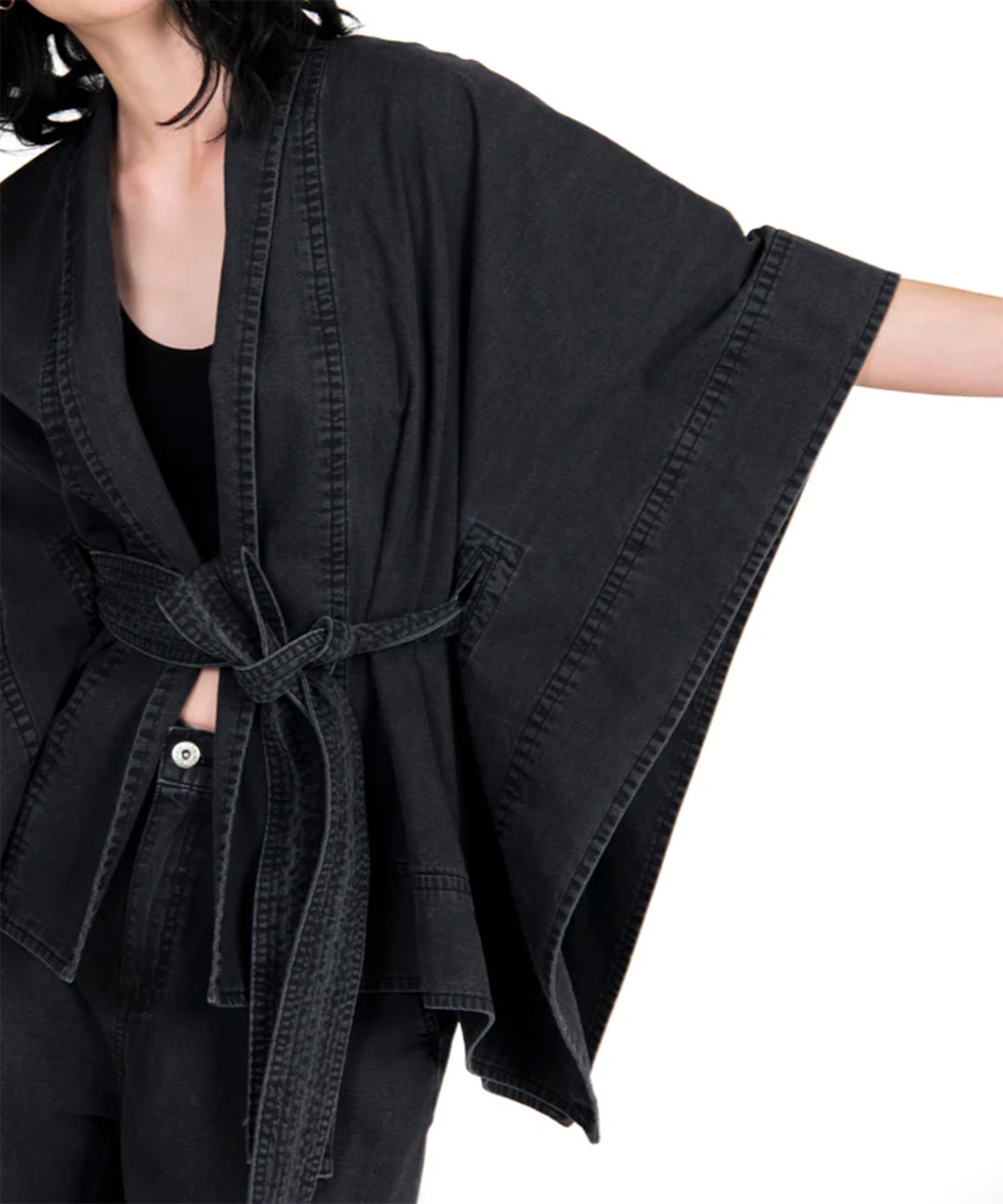 Kimono Light Weight Denim Jacket Black STUDIO R330