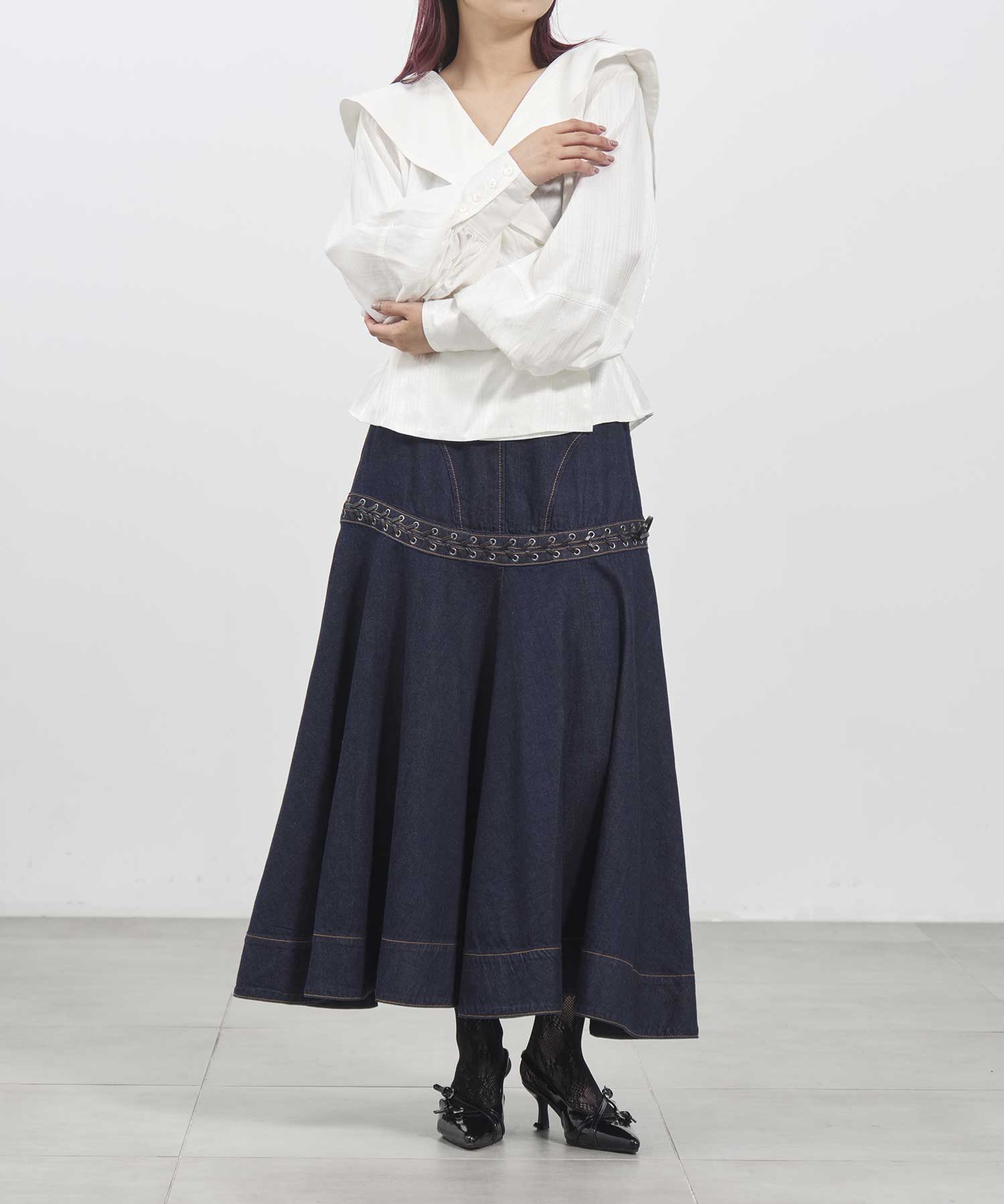 トップス fetico SAILOR COLLAR BLOUSE Rose jaquard stripe sailor collar blouse｜FETICO（フェティコ