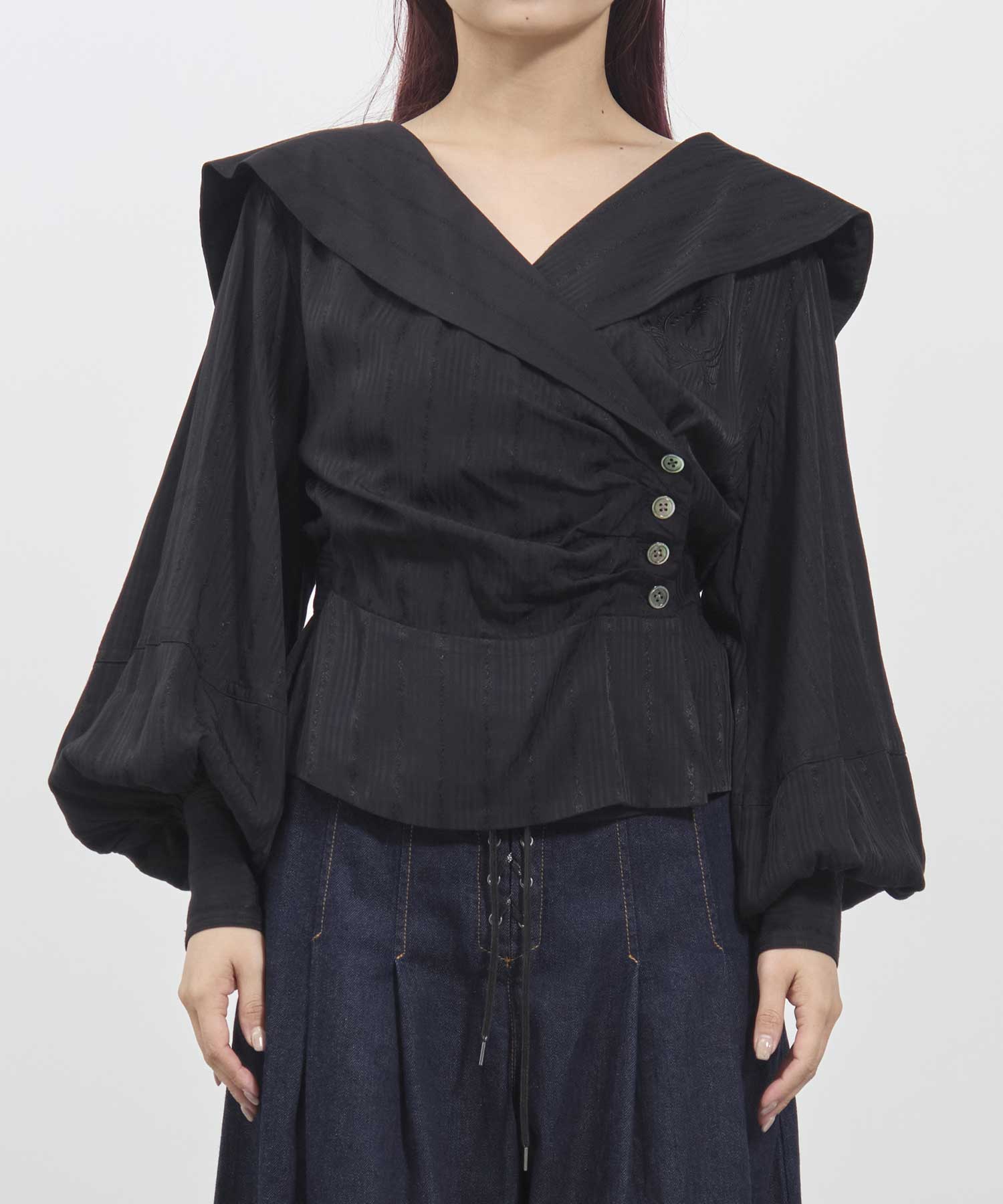 Rose jaquard stripe sailor collar blouse FETICO