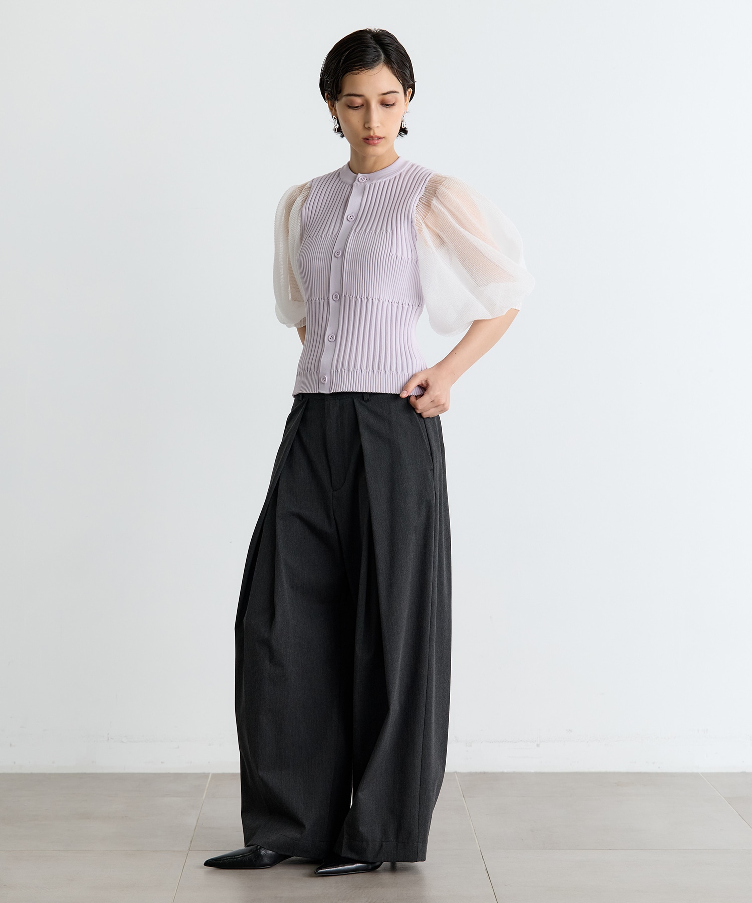 FLUTED LUCENT PUFF SLEEVE CARDIGAN CFCL