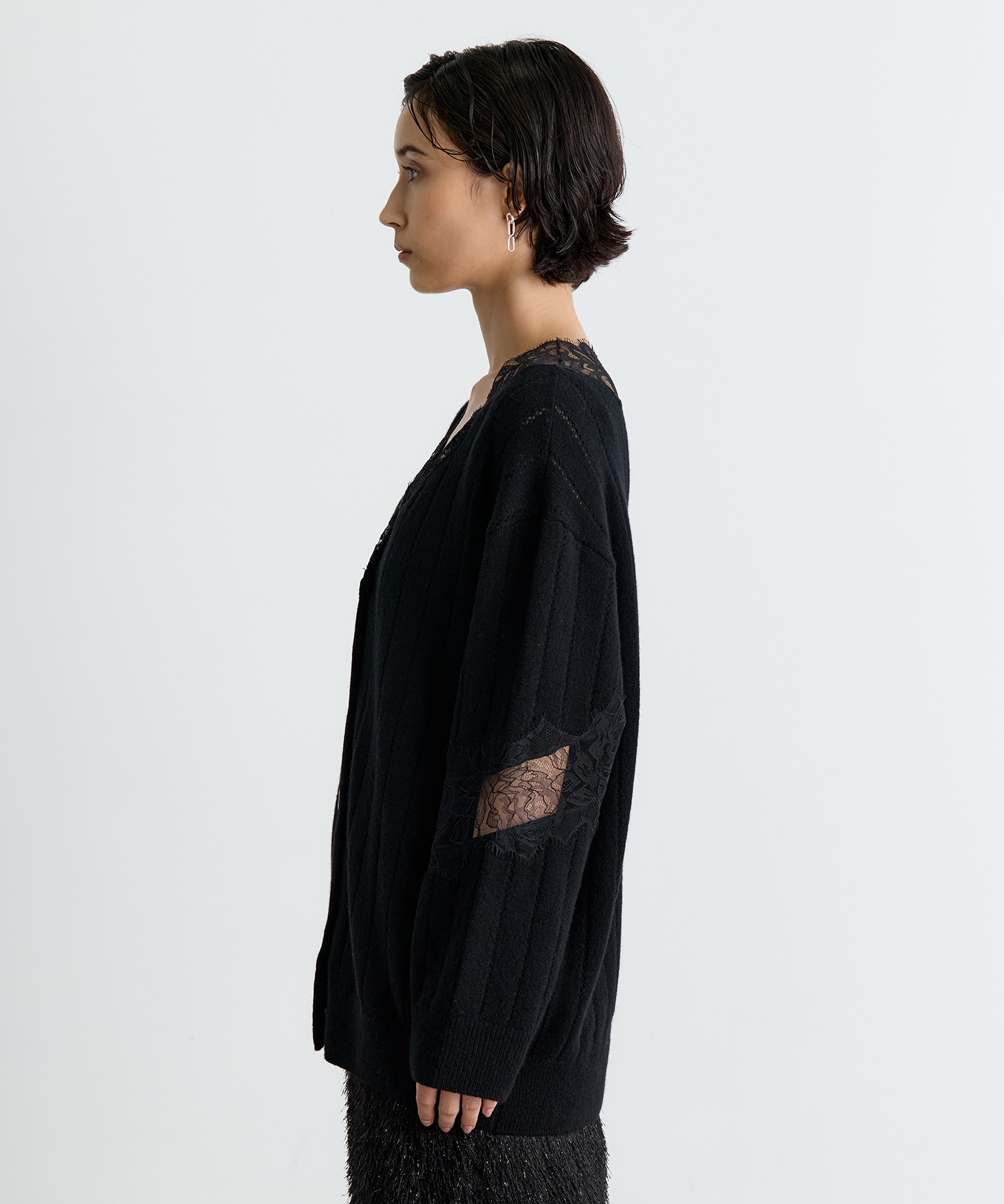 OVERSIZED HAIRY LACE PANELED KNIT CARDIGAN FETICO