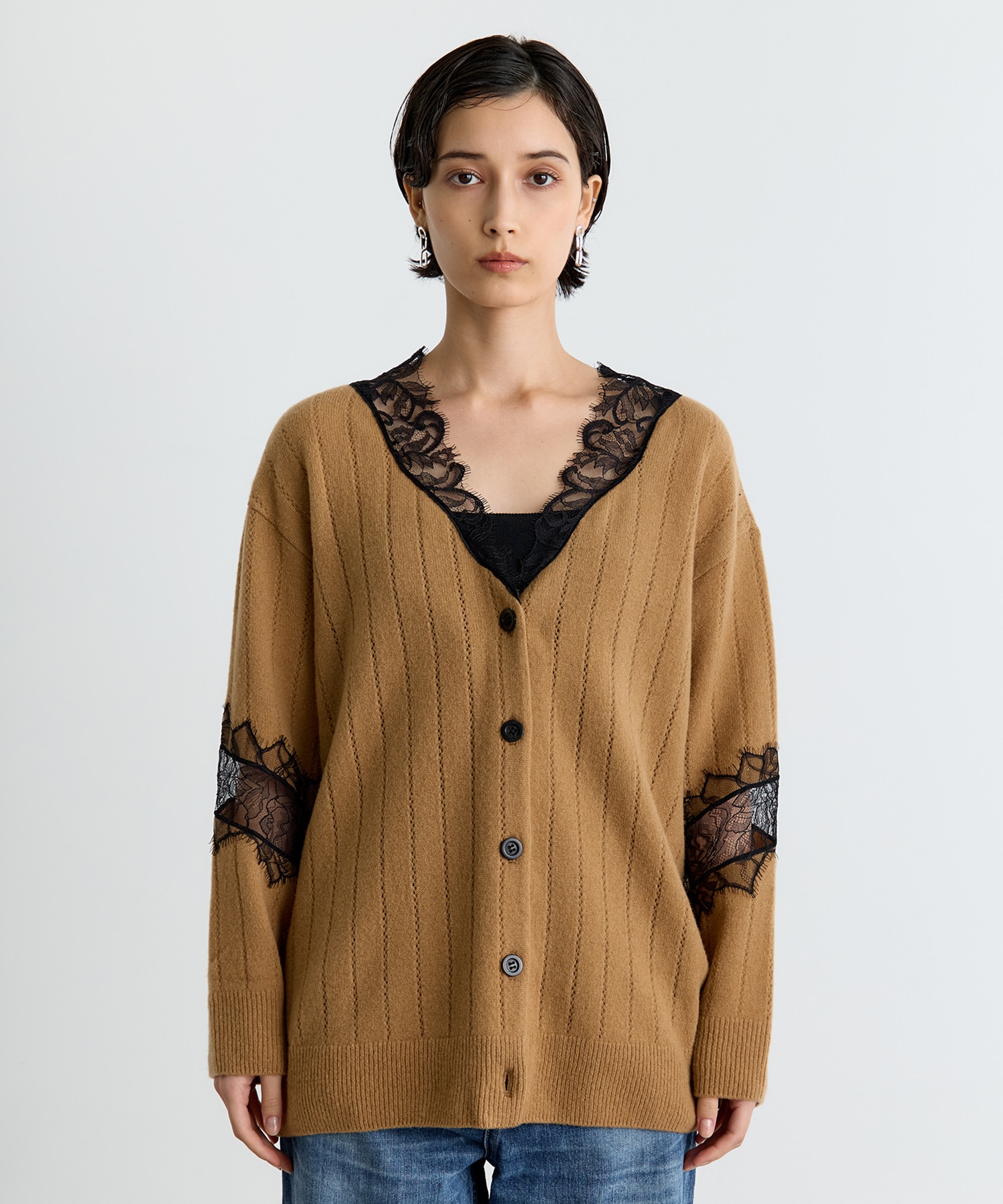 OVERSIZED HAIRY LACE PANELED KNIT CARDIGAN FETICO