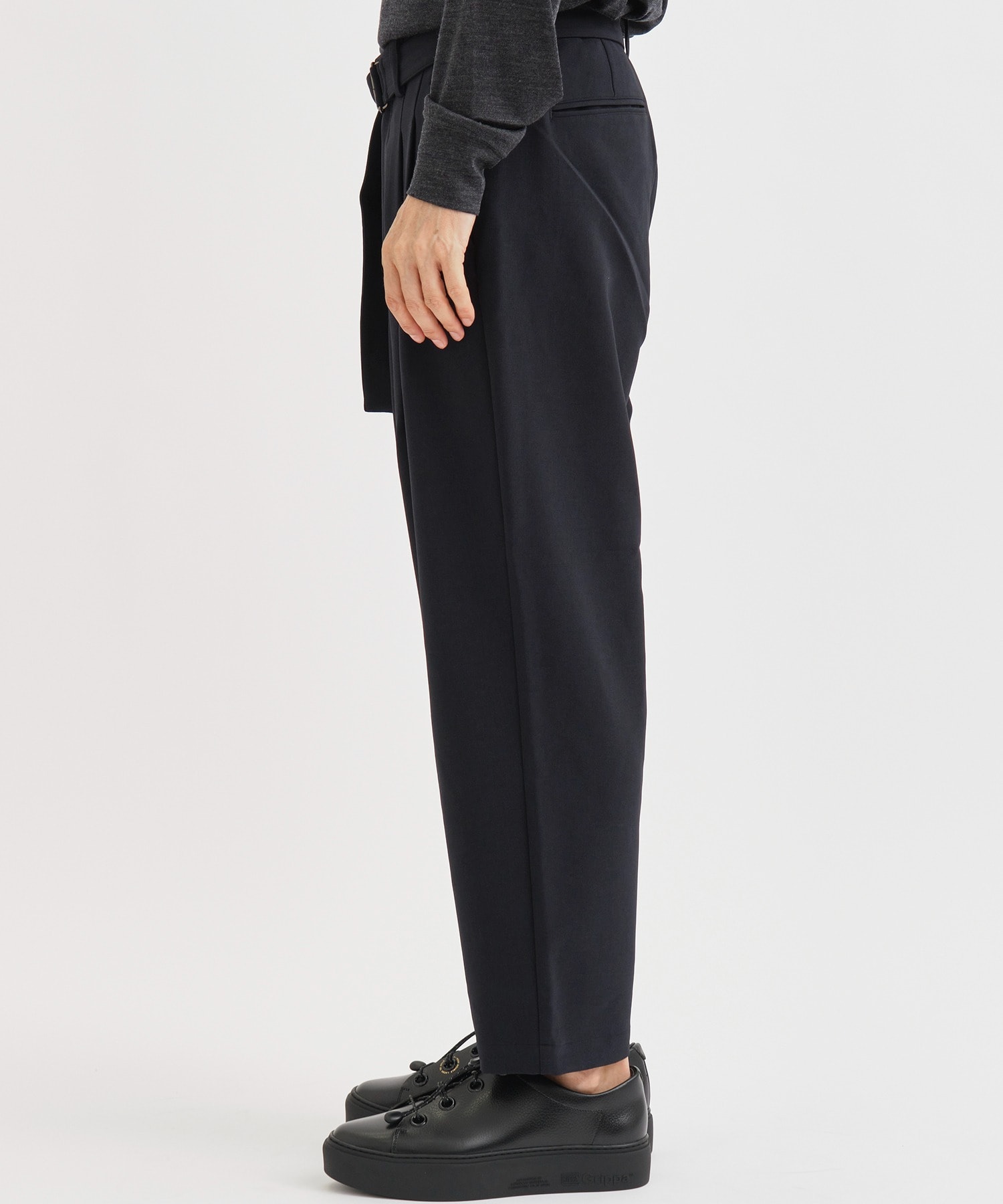 STRETCH DOUBLE CLOTH BELTED TAPERED FIT TROUSERS ATTACHMENT