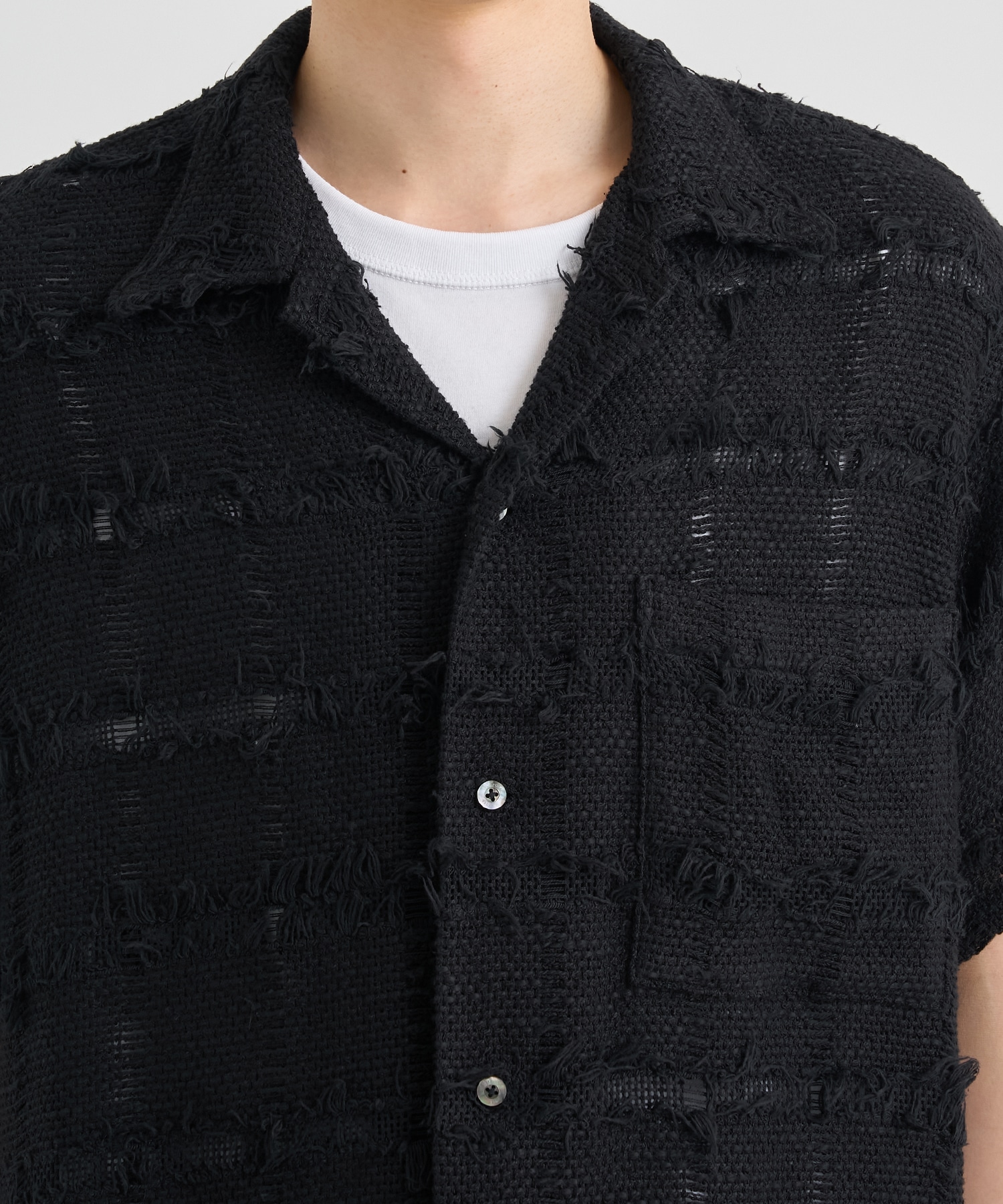 FRINGE CHECK TWEED OPEN COLLAR SHIRT YOKE