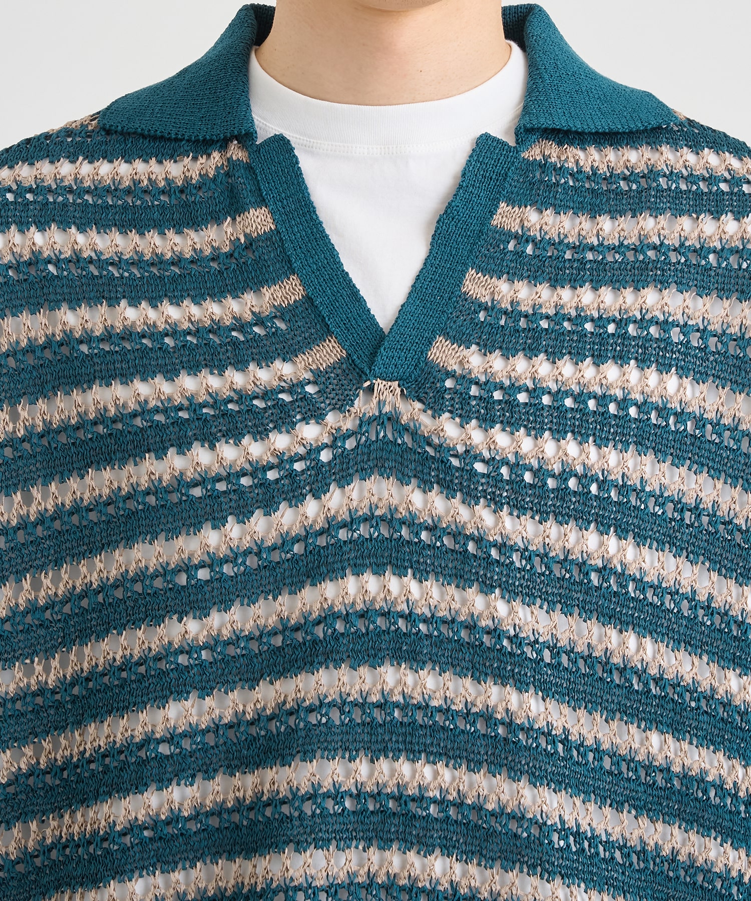 BORDER MESH KNIT SKIPPER POLO SHIRT YOKE