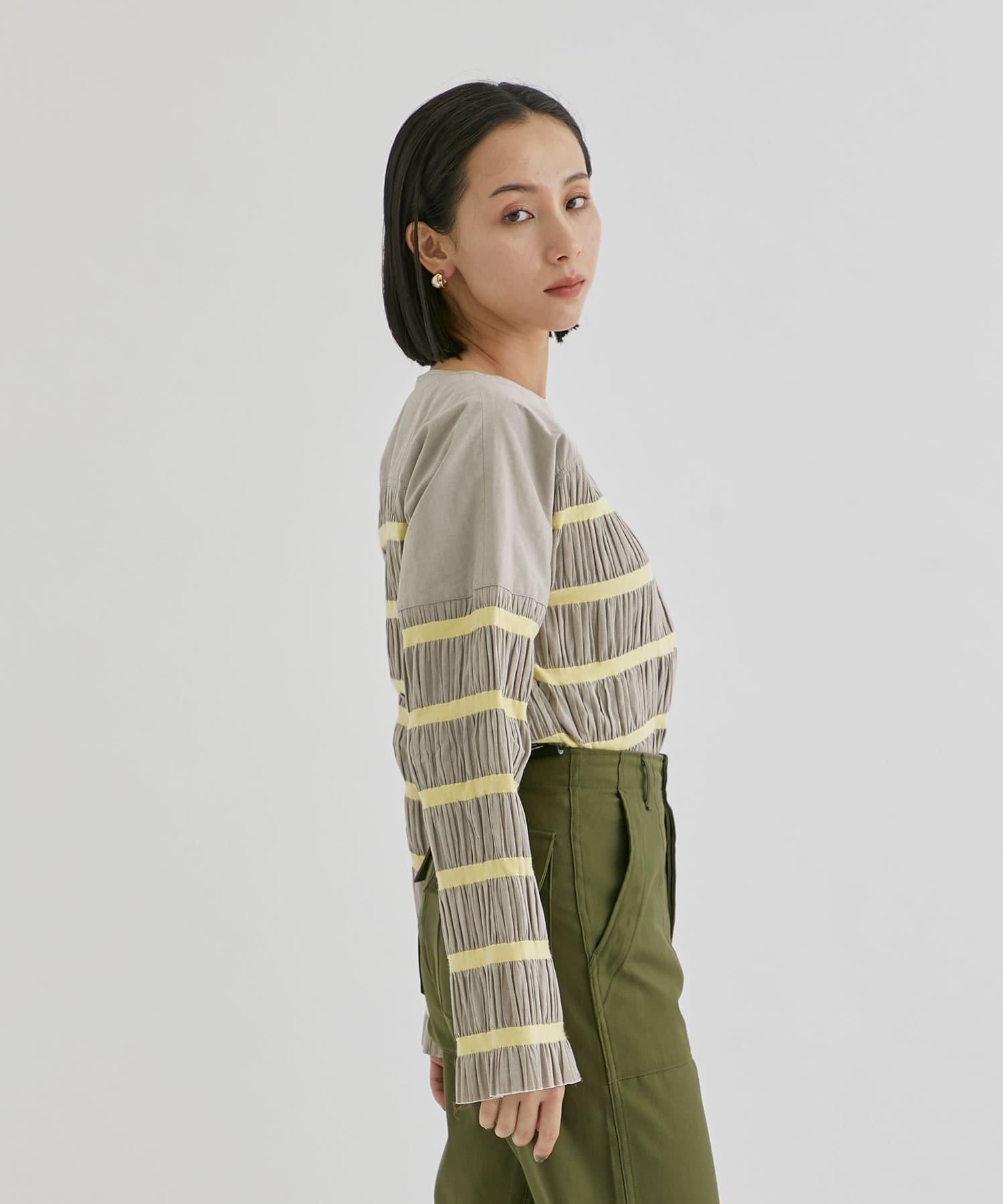 Shirring striped tops pelleq