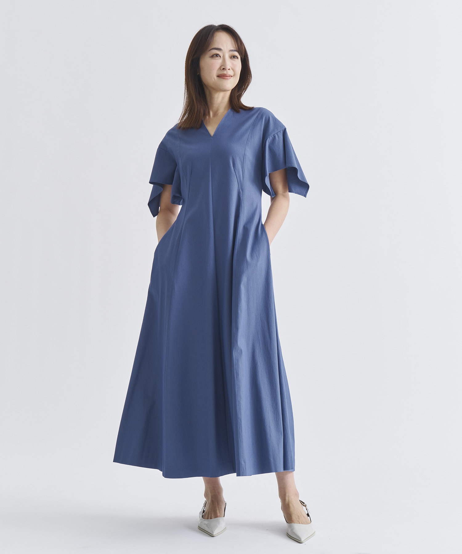 別注 Tamara drape sleeve dress BLU AKIRANAKA