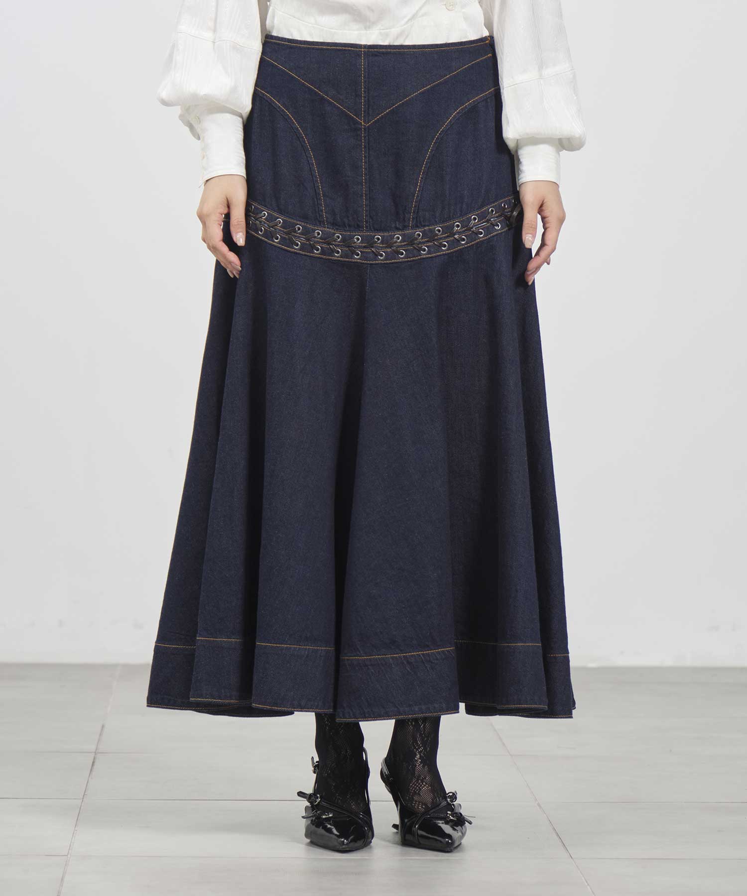 Lace up denim flare skirt FETICO