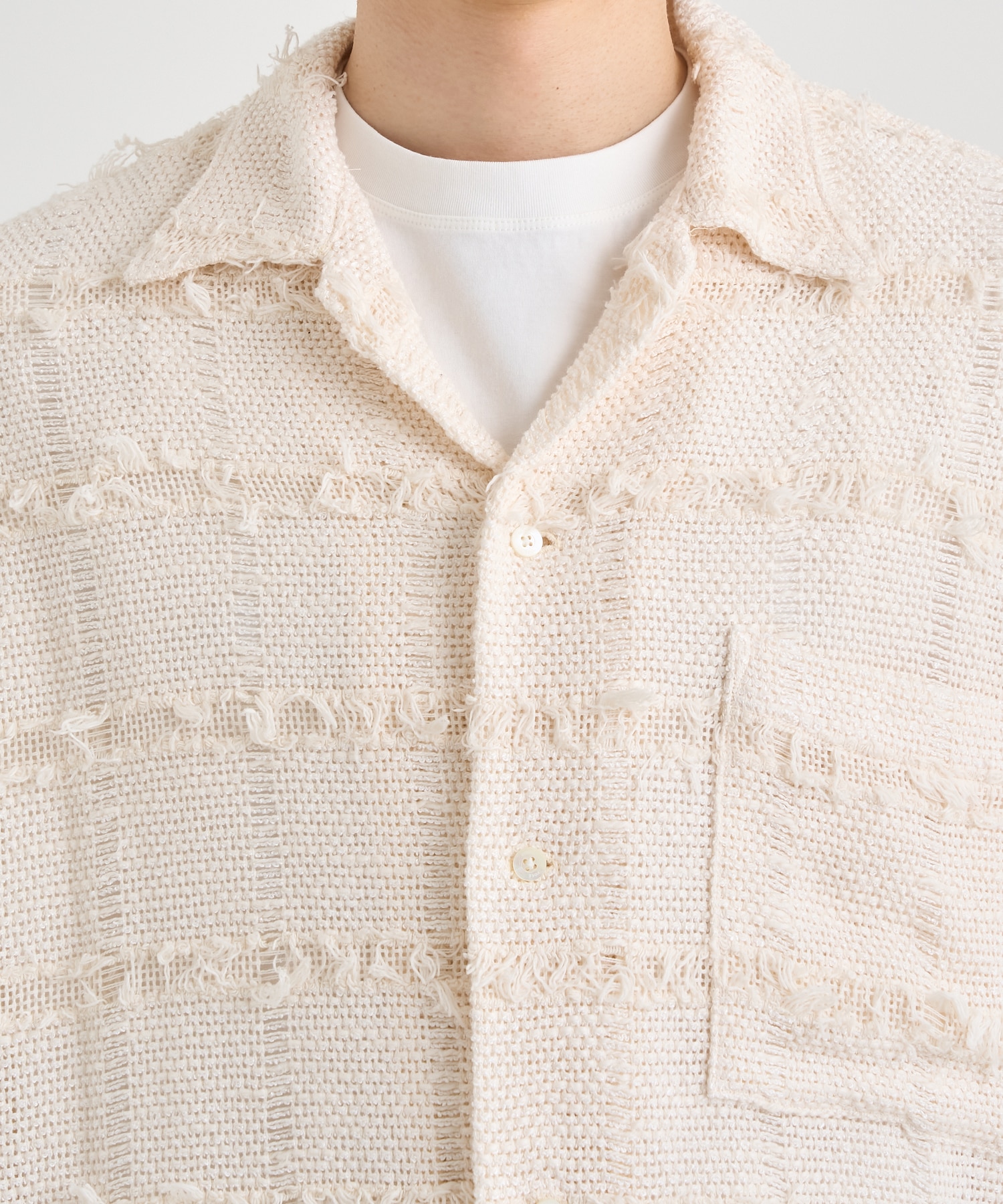 FRINGE CHECK TWEED OPEN COLLAR SHIRT YOKE
