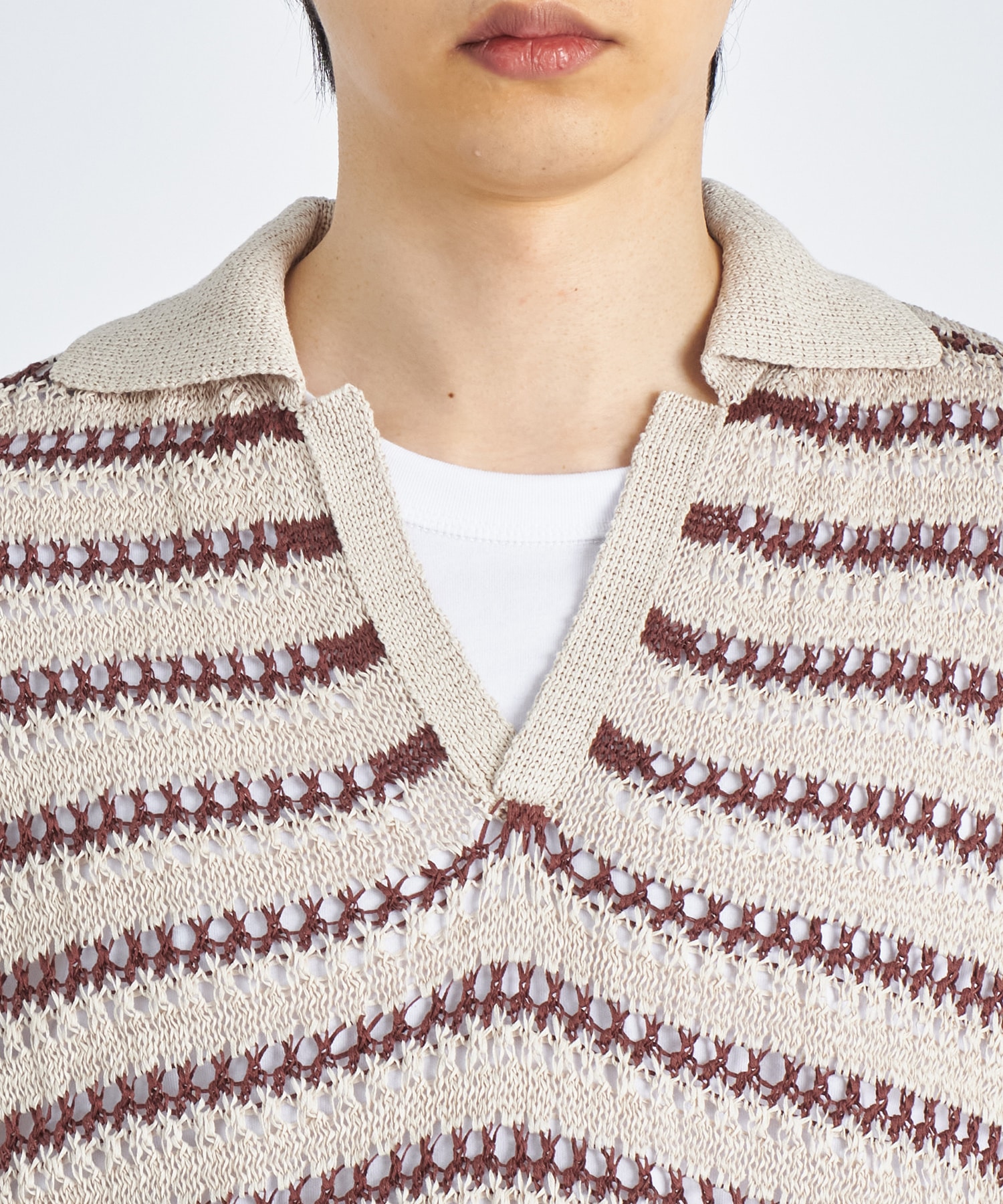 BORDER MESH KNIT SKIPPER POLO SHIRT YOKE