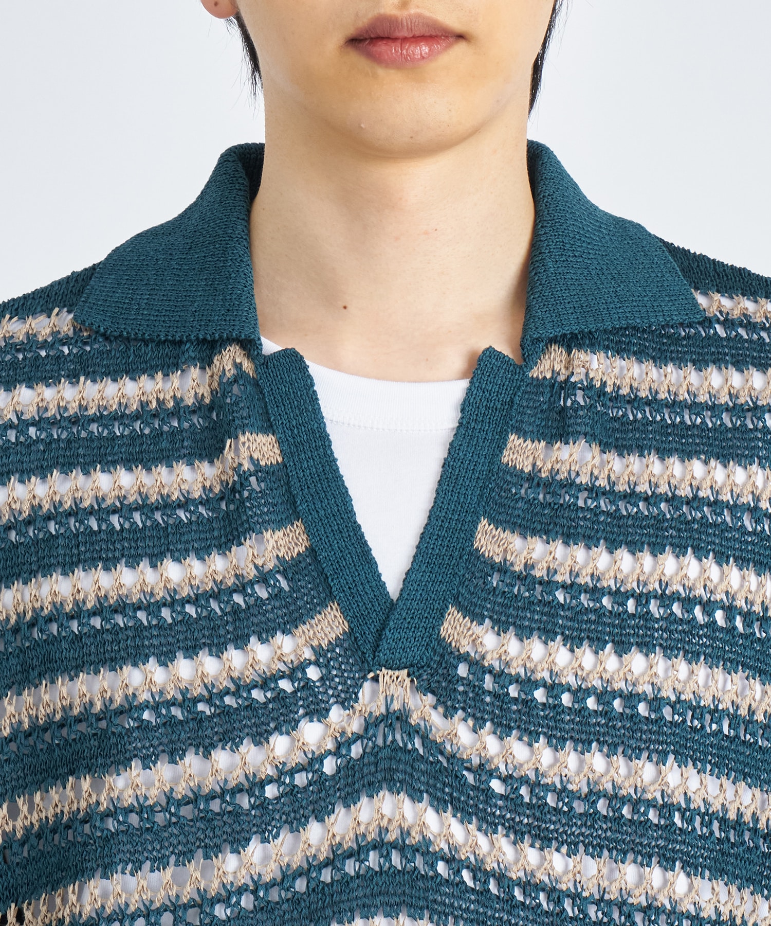 BORDER MESH KNIT SKIPPER POLO SHIRT YOKE