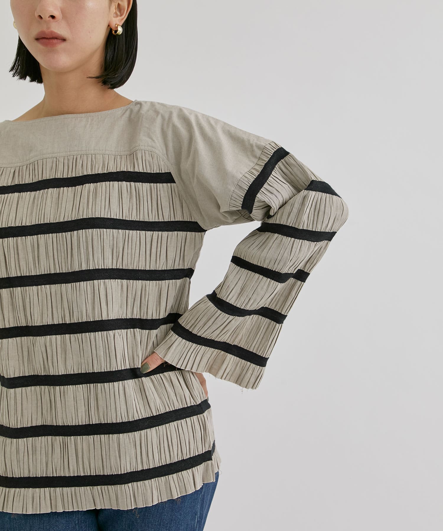 Shirring striped tops | pelleq