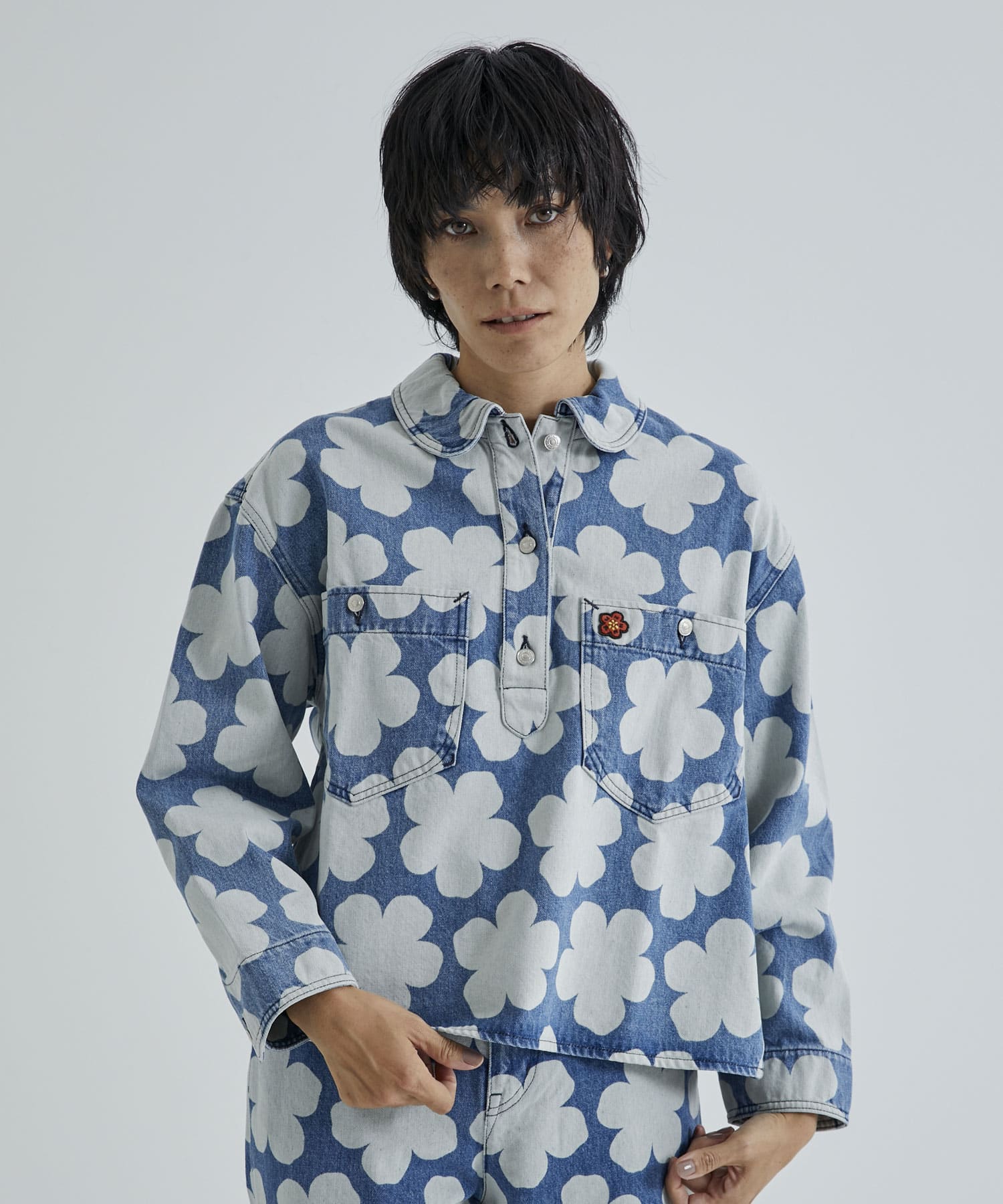 KENZO PRINTED DENIM POLO OVERSHIRT