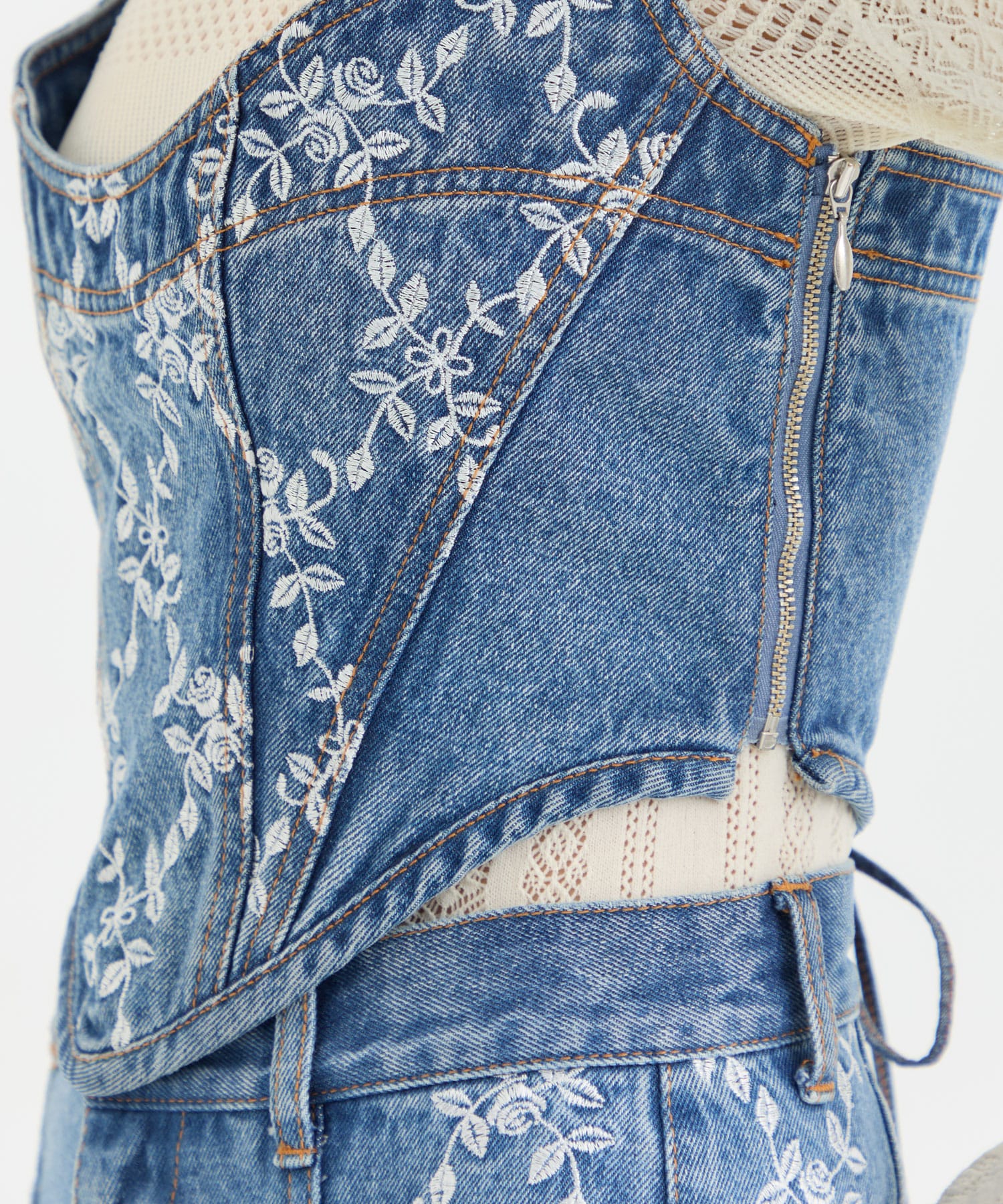 FLOWER EMBROIDERED DENIM BUSTIER FETICO