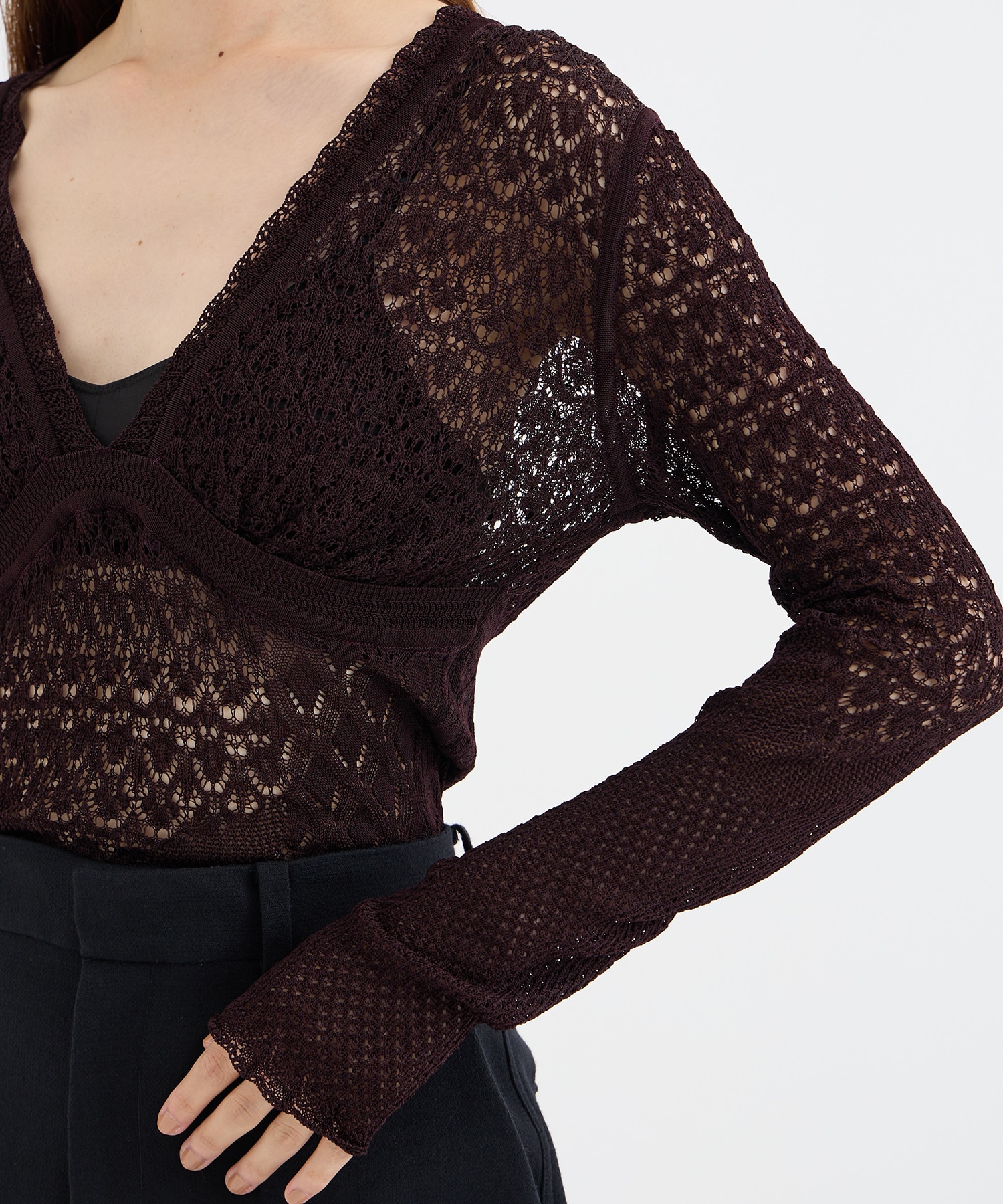 LACE KNIT V-NECK BODYSUITS FETICO