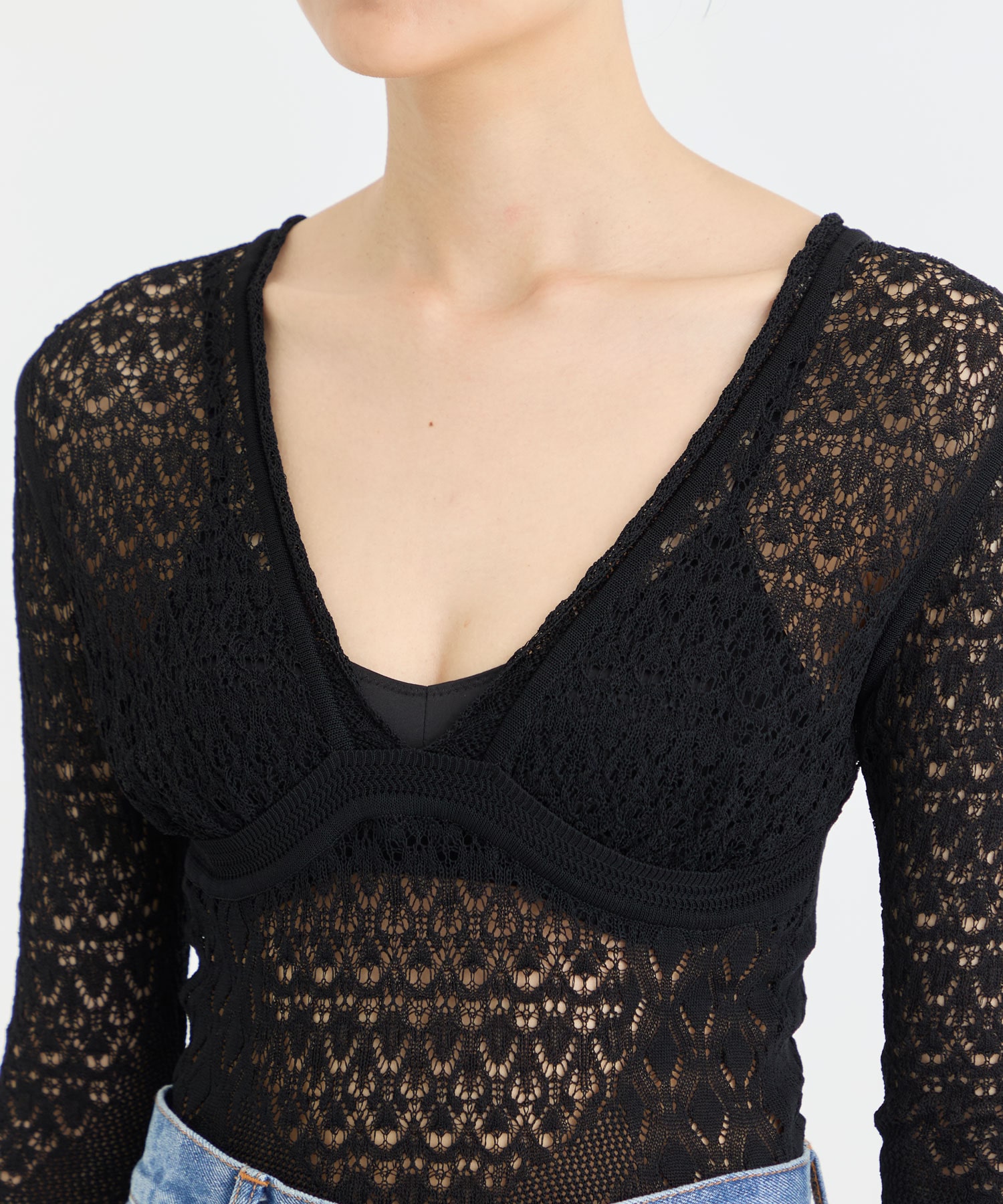 LACE KNIT V-NECK BODYSUITS FETICO