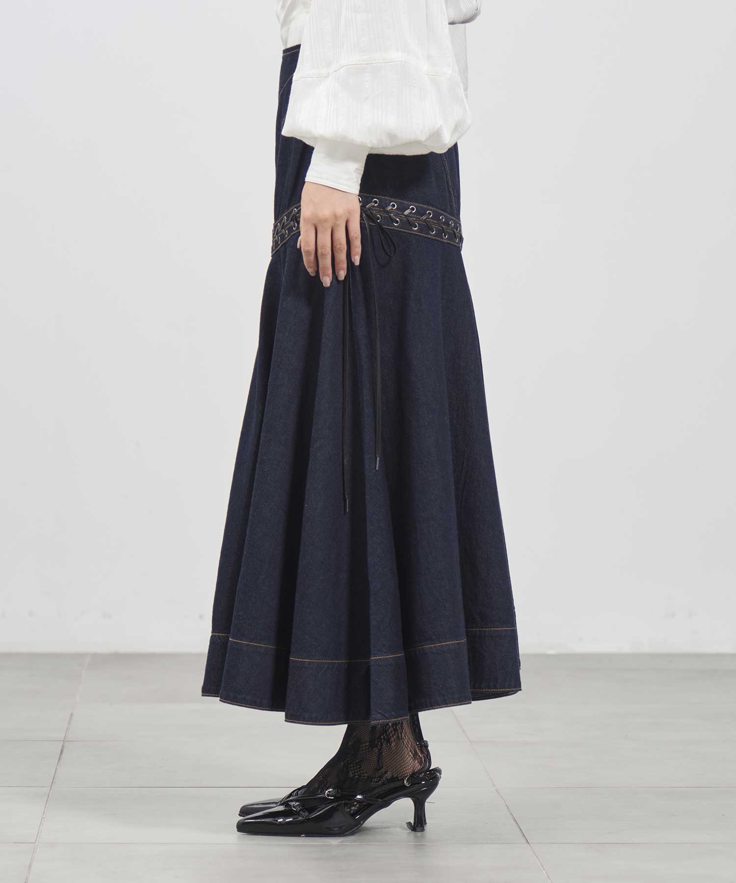 Lace up denim flare skirt FETICO