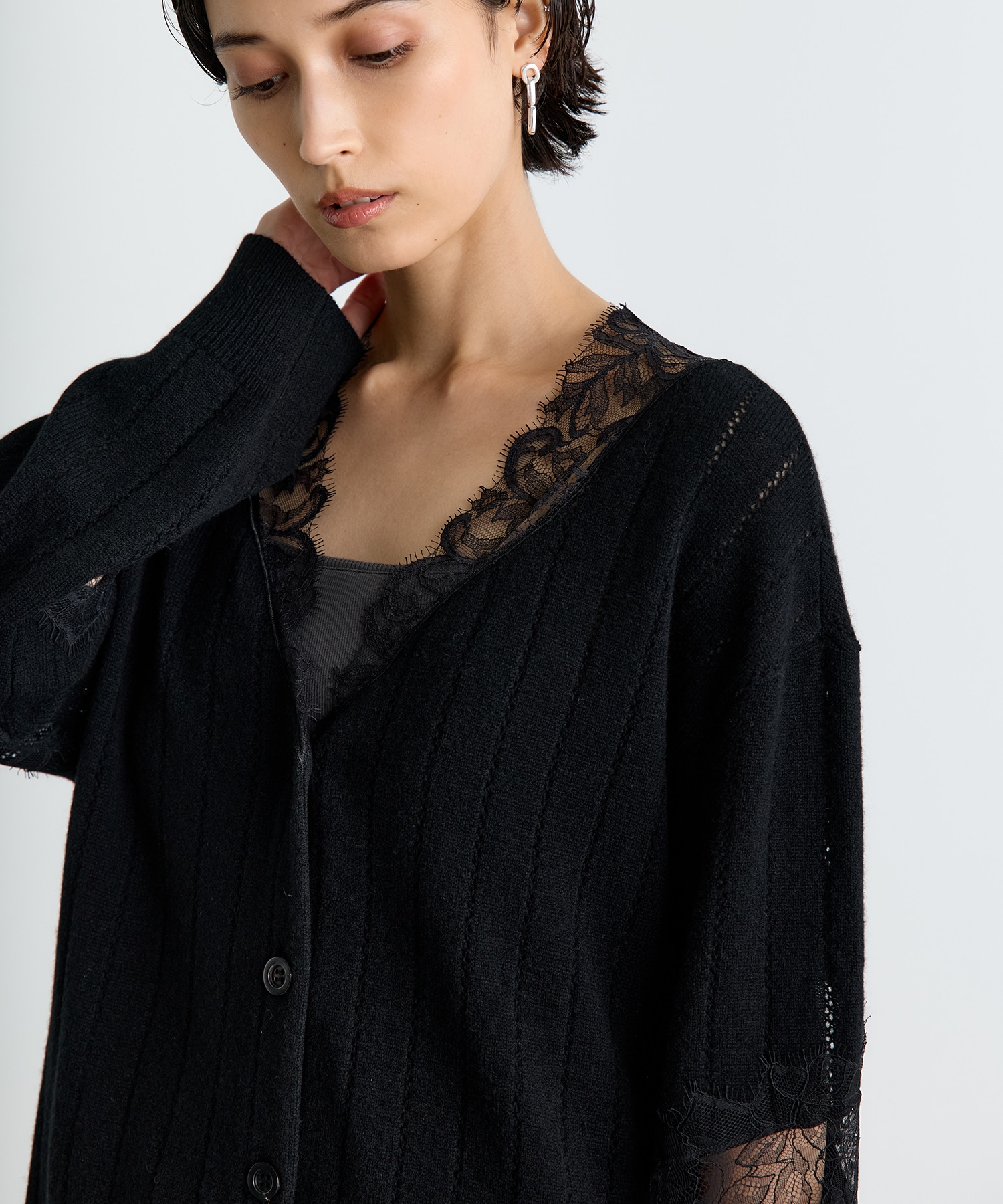OVERSIZED HAIRY LACE PANELED KNIT CARDIGAN FETICO