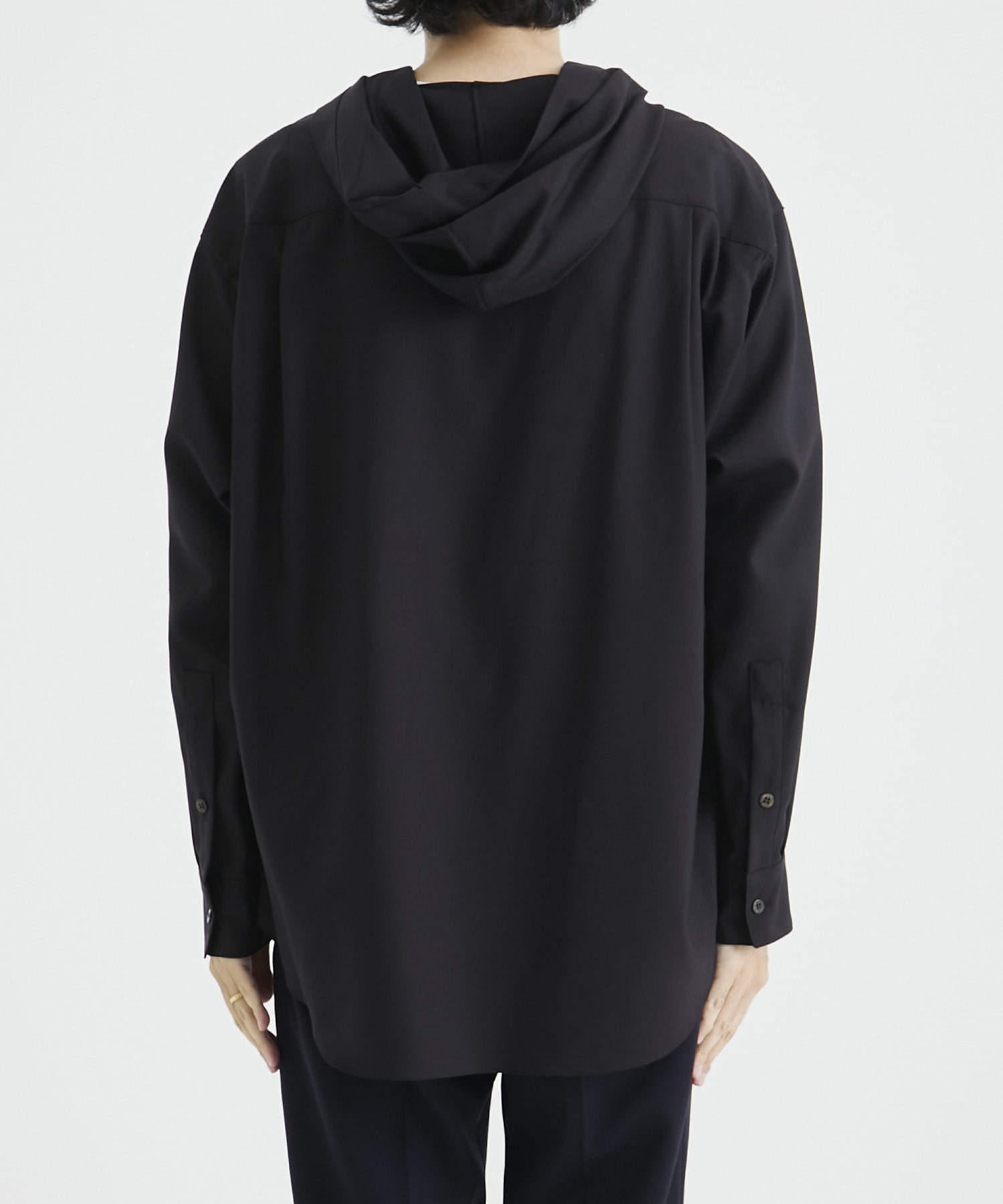 DROPPED SHOULDER TOP WITH HOOD IN WOOL SHIRTING ｜ OVERCOAT