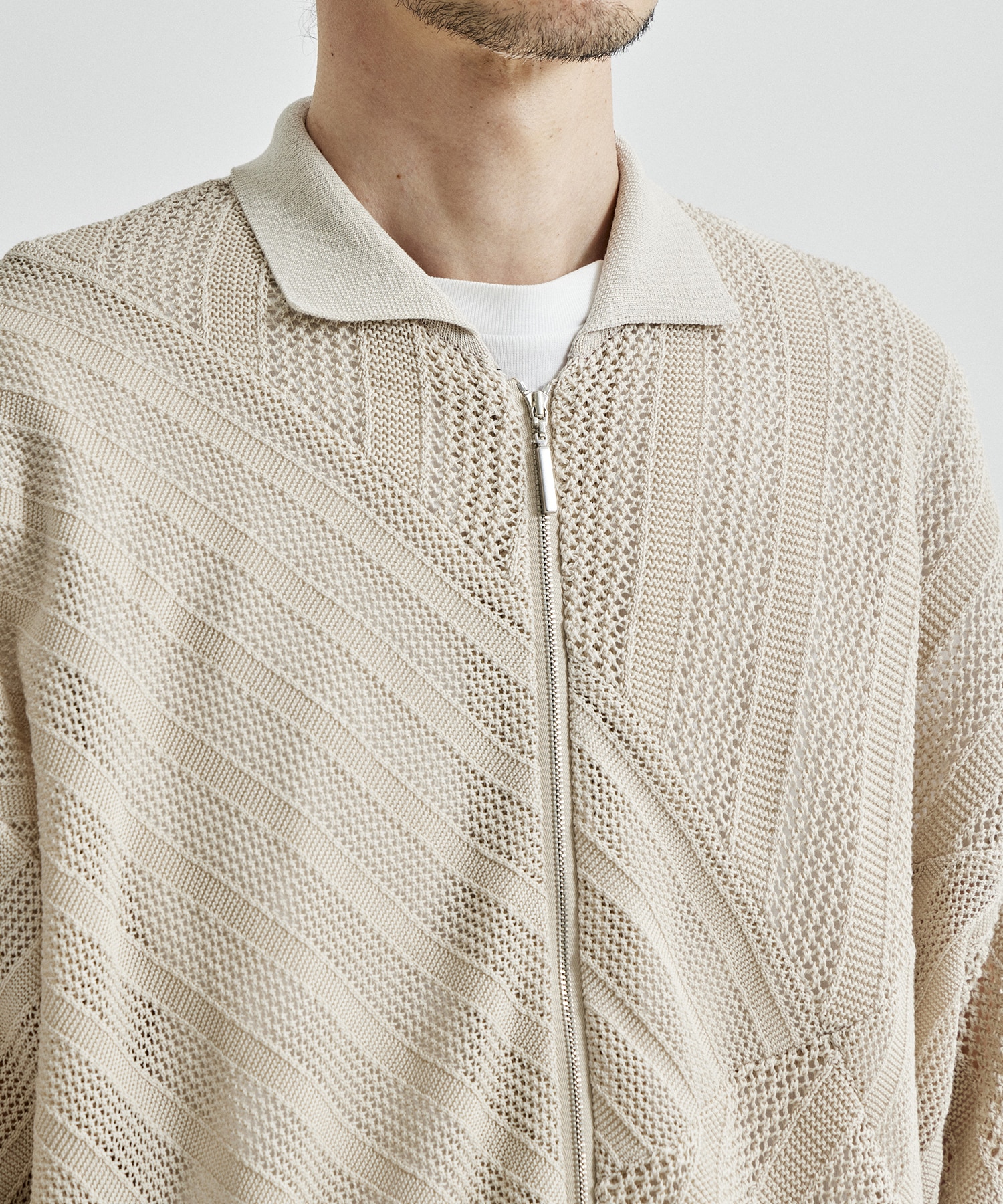 COTTON MESH STRIPE ZIP-UP CARDIGAN | YOKE