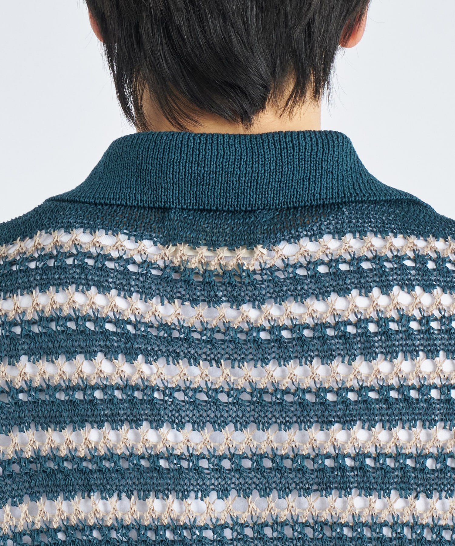 BORDER MESH KNIT SKIPPER POLO SHIRT YOKE