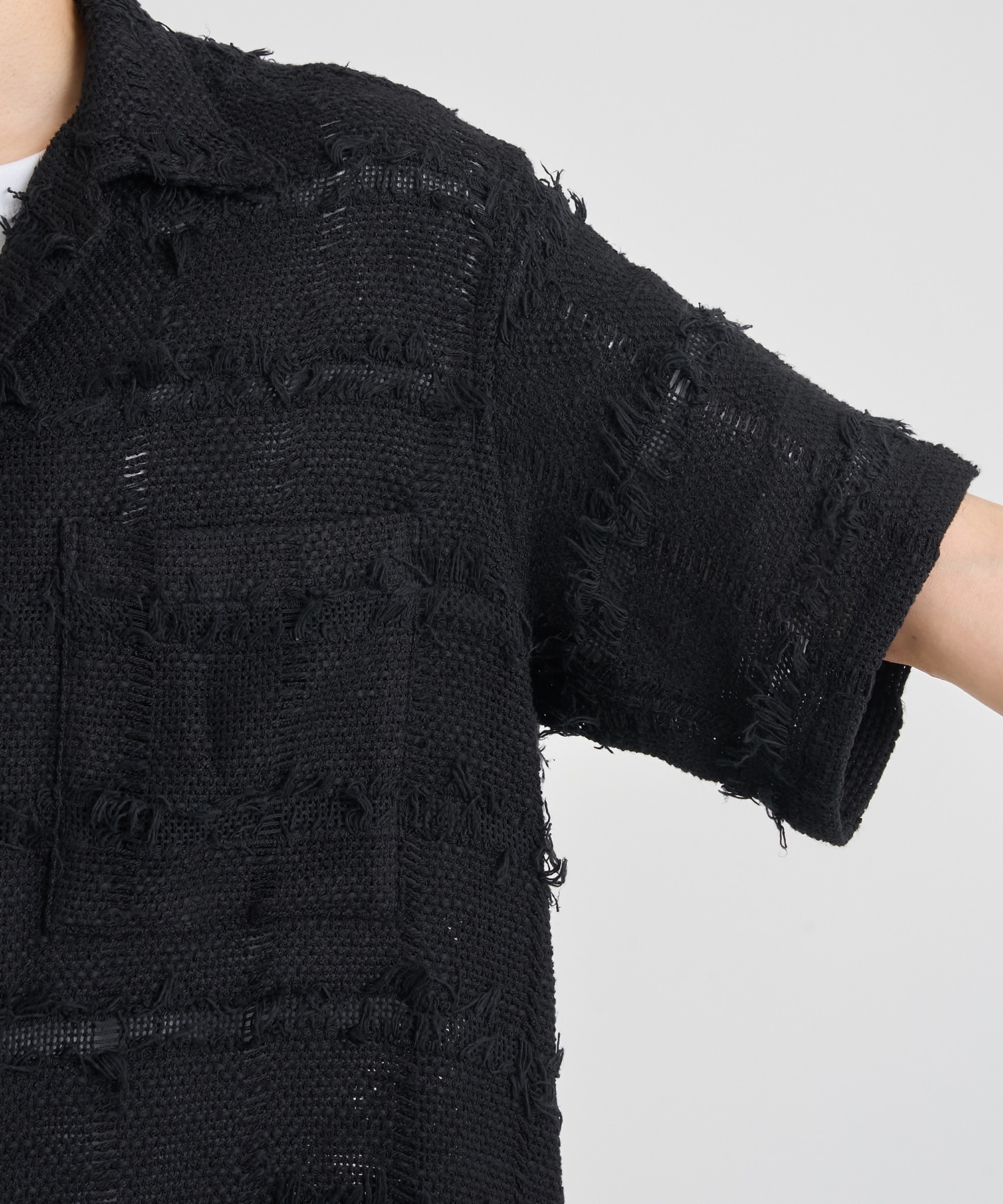 FRINGE CHECK TWEED OPEN COLLAR SHIRT YOKE