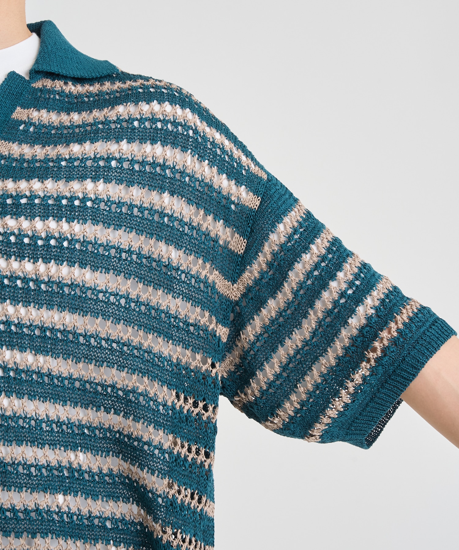 BORDER MESH KNIT SKIPPER POLO SHIRT YOKE