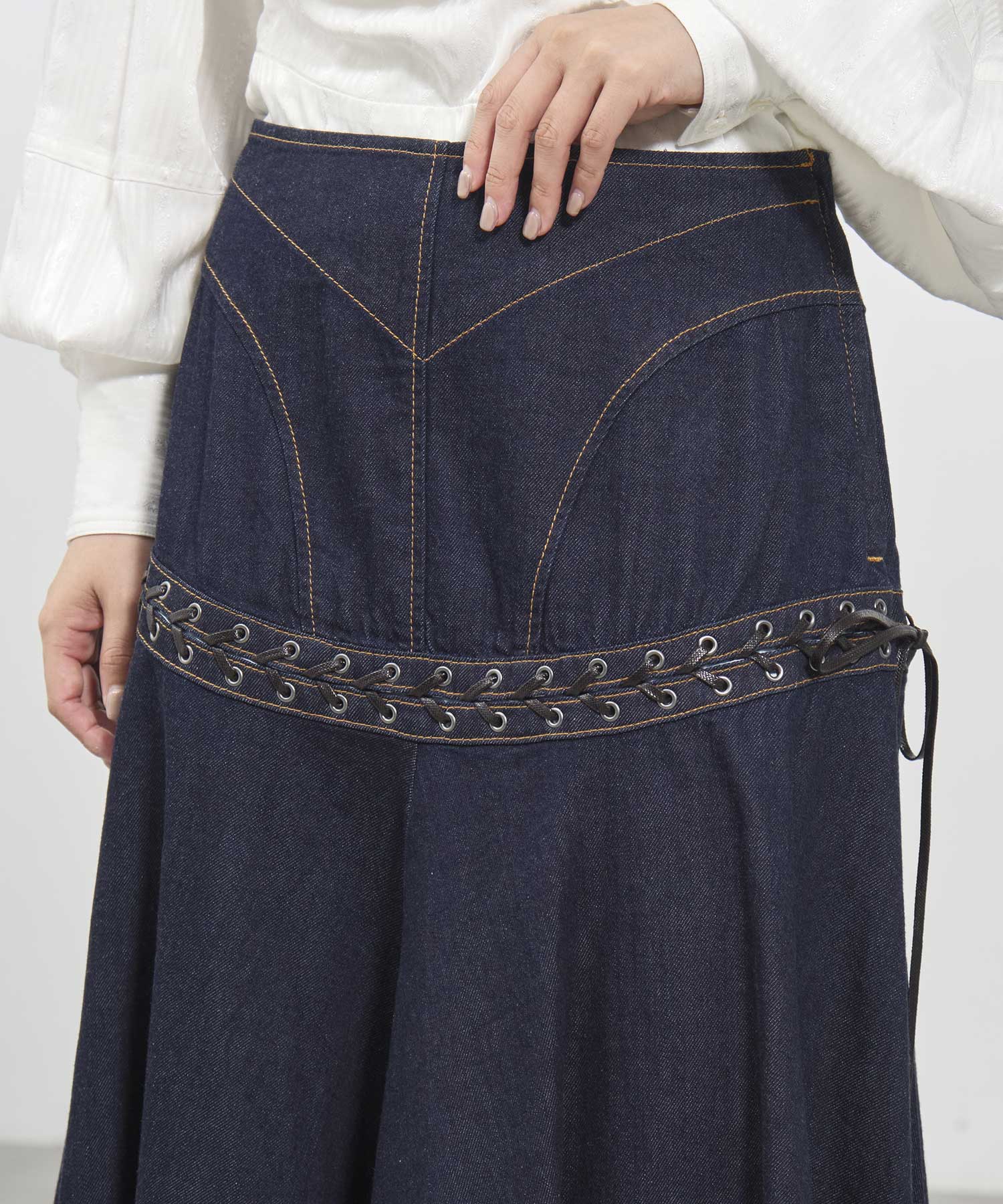 Lace up denim flare skirt FETICO