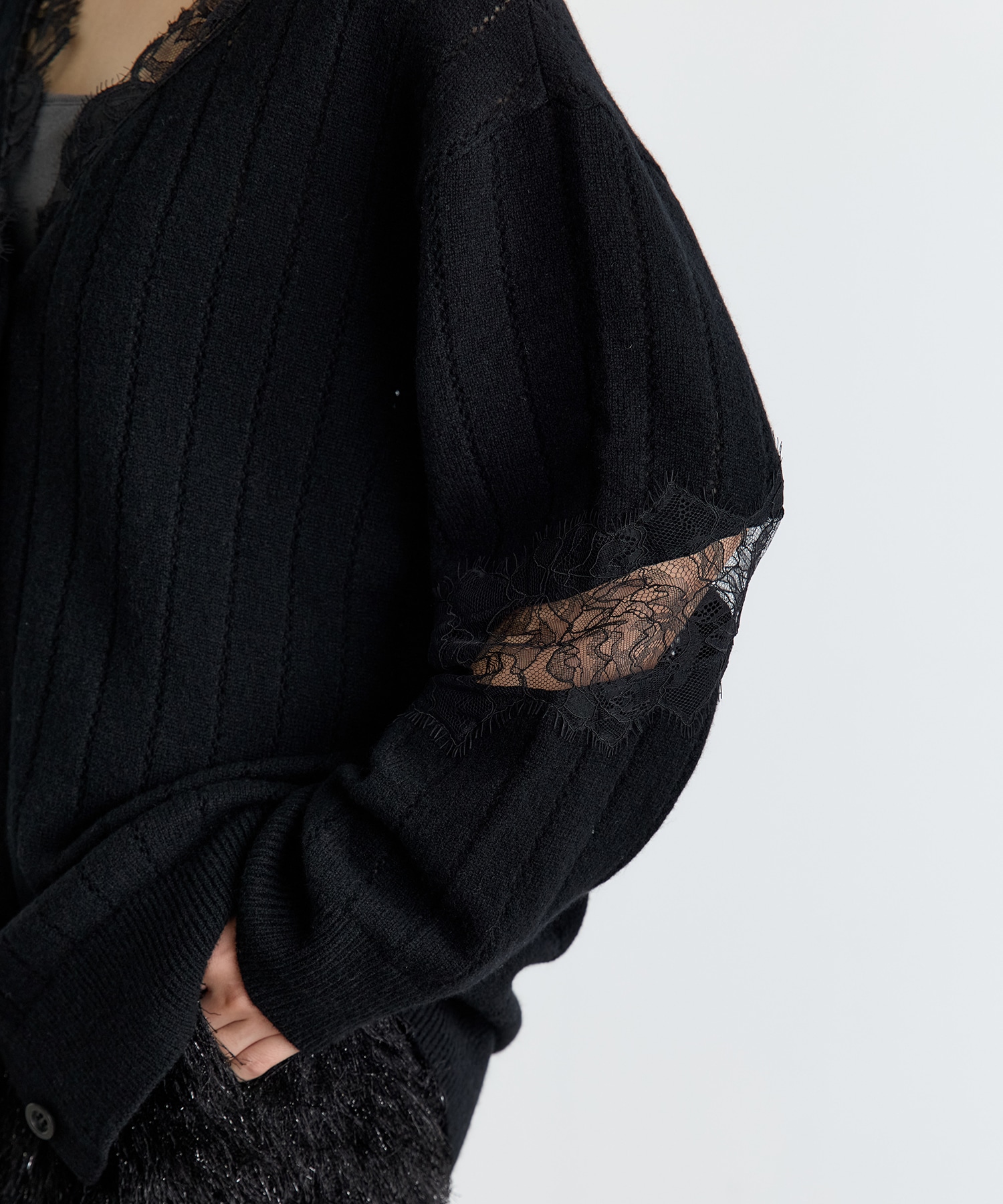 OVERSIZED HAIRY LACE PANELED KNIT CARDIGAN FETICO
