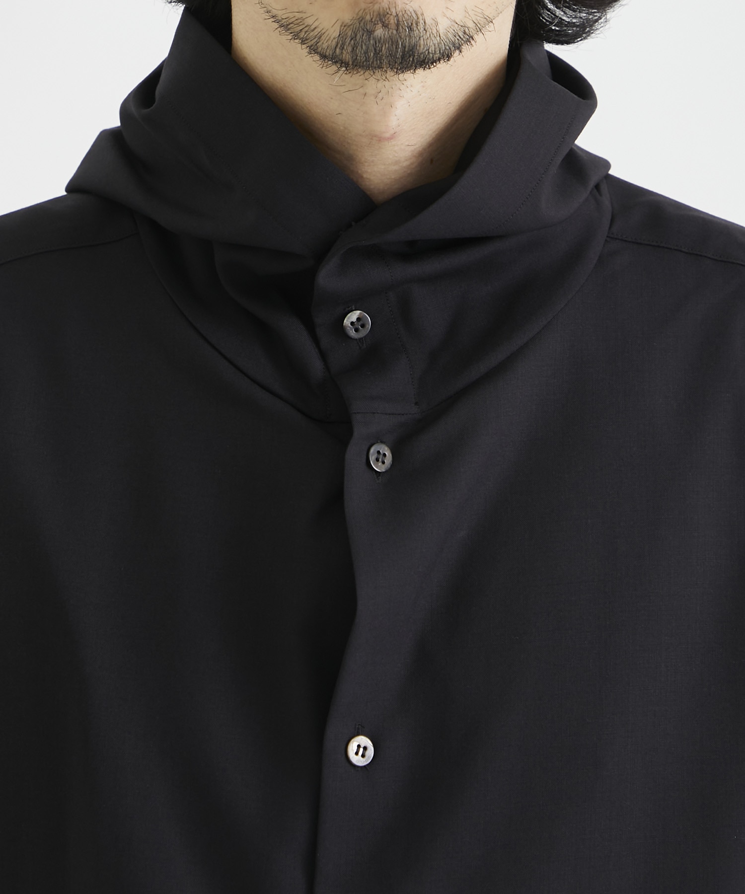 DROPPED SHOULDER TOP WITH HOOD IN WOOL SHIRTING ｜ OVERCOAT