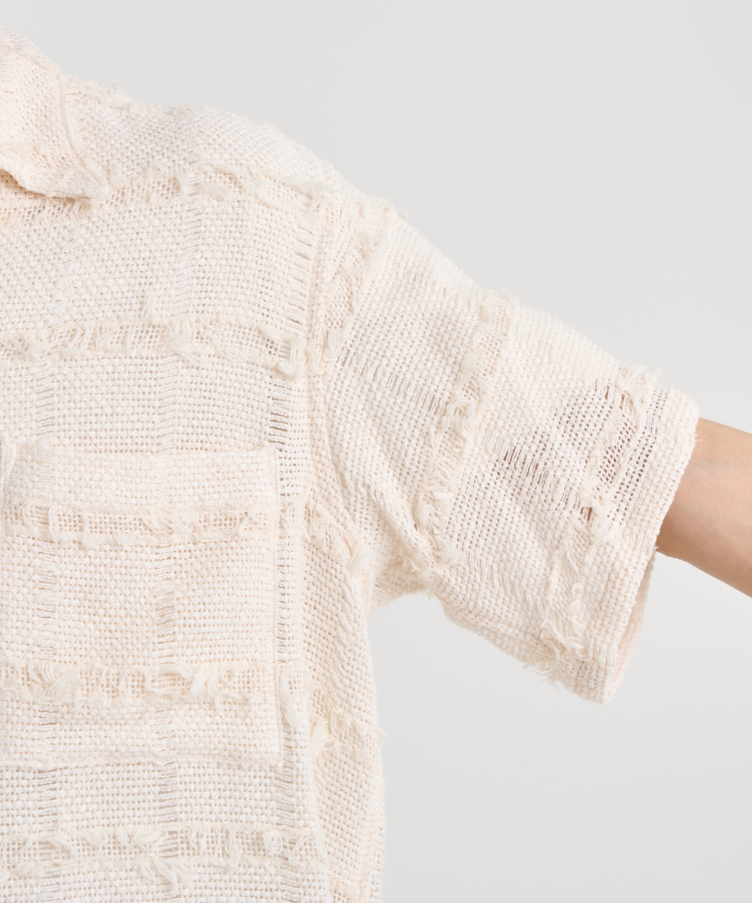 FRINGE CHECK TWEED OPEN COLLAR SHIRT YOKE