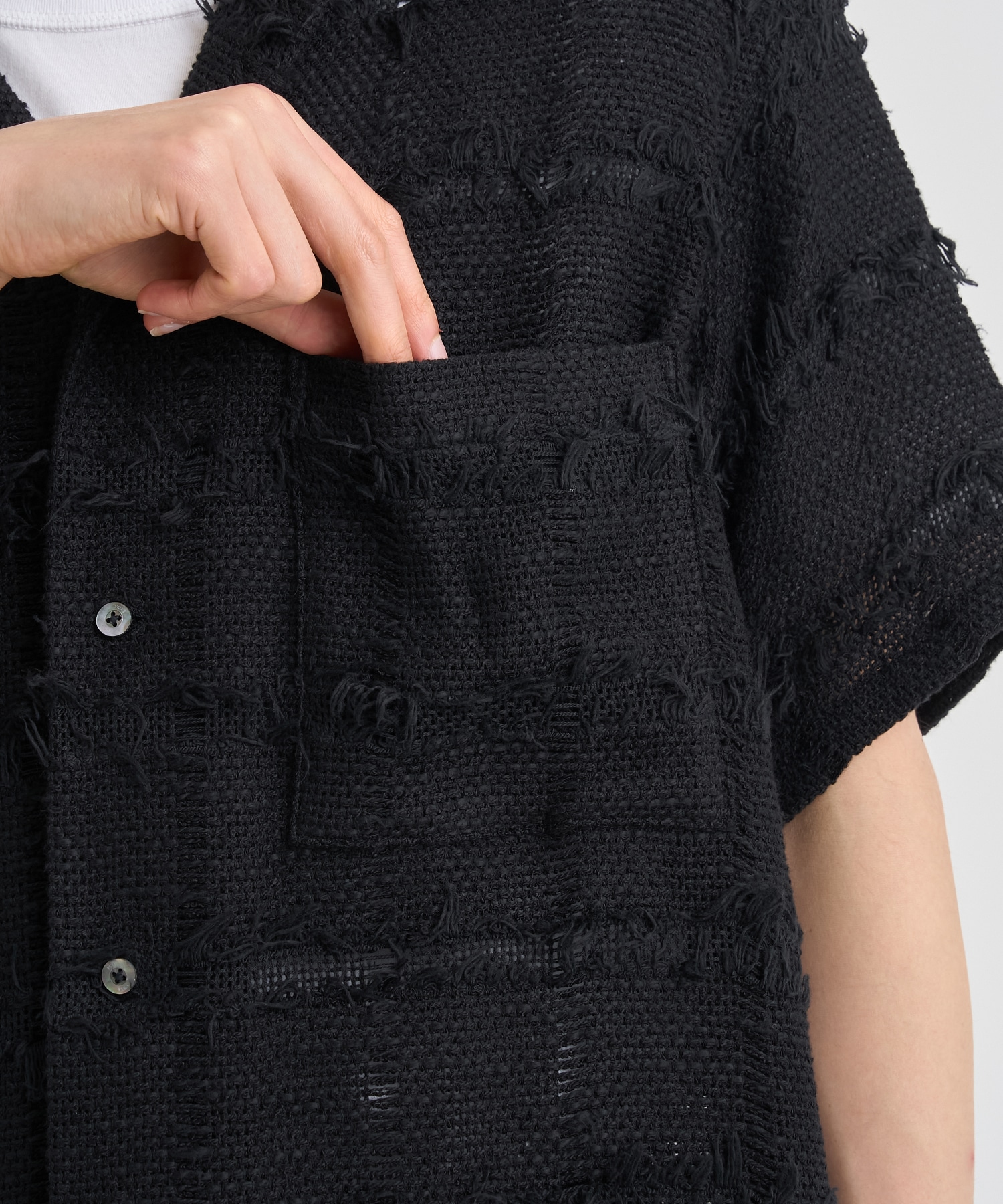 FRINGE CHECK TWEED OPEN COLLAR SHIRT YOKE